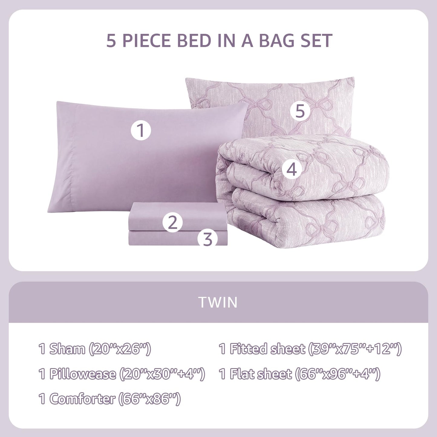 Wink Deer Twin Comforter Set with Sheets for Girls-5 Pieces Twin Bedding Sets with Light Purple Comforter, Sheets, Pillowcase & Sham for Kids (Purple Diamond, 66" X 86")