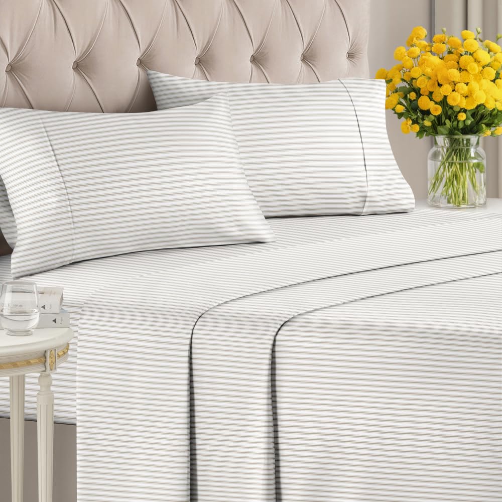 Grey Striped Sheets - 1 Flat & 1 Fitted Sheet & 2 Pillowcases w/ Deep Pockets - Comfy, Cozy, Wrinkle & Fade Resistant - Ultra Soft, Breathable and Cooling - Luxury Pinstripe Bedding - Queen Size
