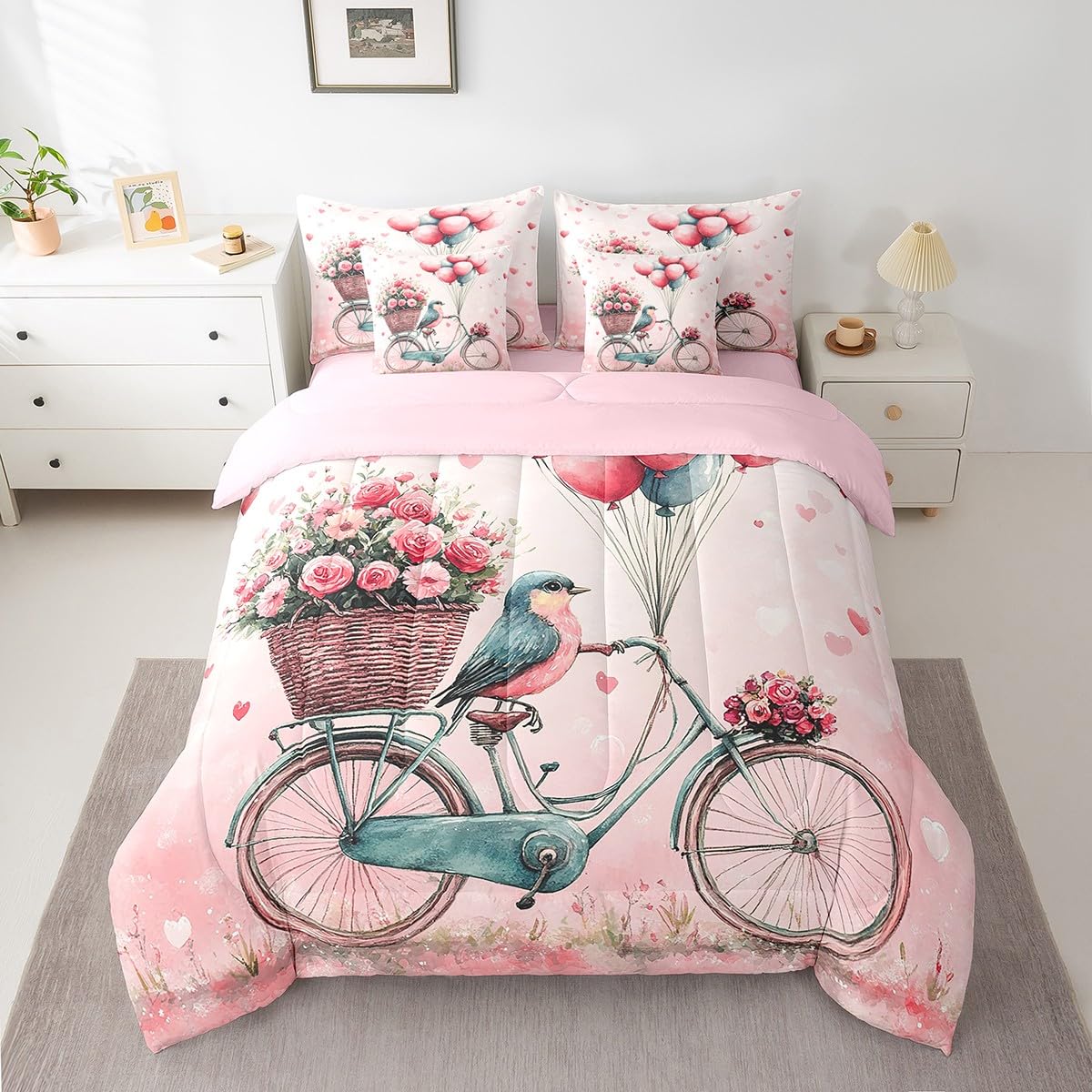 Erosebridal Romantic Valentine's Day Full 7 Piece Bedding Set Cardinal Bicycle Bed in A Bag Pink Roses Balloon Comforter Set for Girls Teen Women,Cute Cartoon Animal Love Heart Bed Set