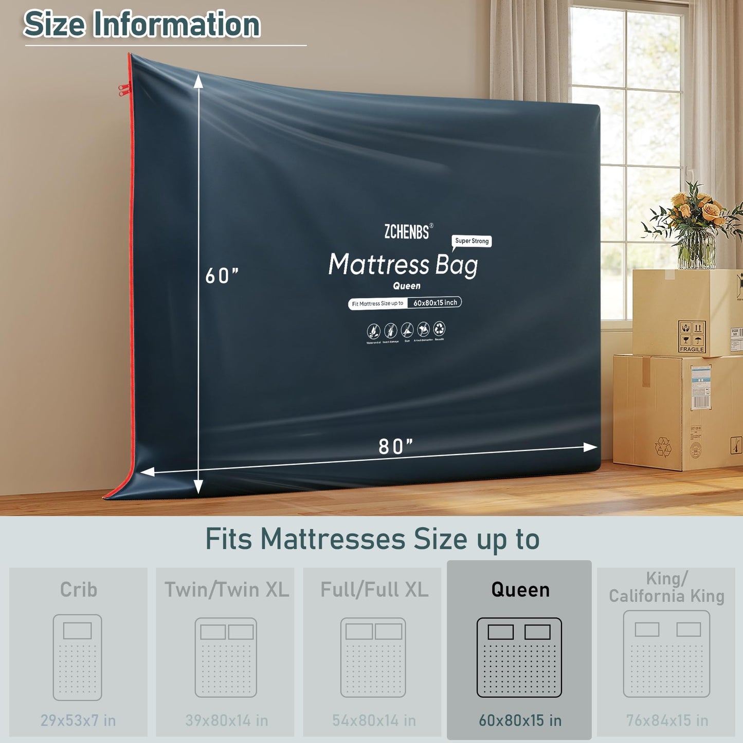 ZCHENBS® - Queen Mattress Bags for Moving, Waterproof Mattress Storage Bag with Zipper, Heavy-Duty 5 Mil Ultra-Thick Bed Protector Cover for Moving, Reusable (Solid/Black, 1 Pack)