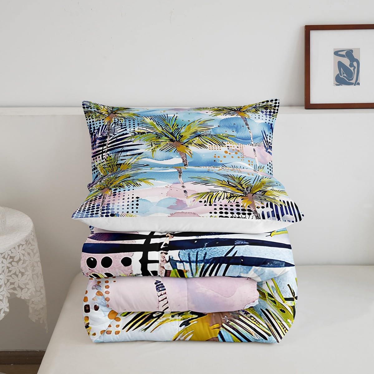 Manfei Sea Beach Comforter Set Twin Size Tropical Plant Theme Bedding Set 2pcs for Kids Boys Teens Room Decor, Palm Tree and Leaves Print Quilt Set Modern Fashion Duvet Set with 1 Pillowcase