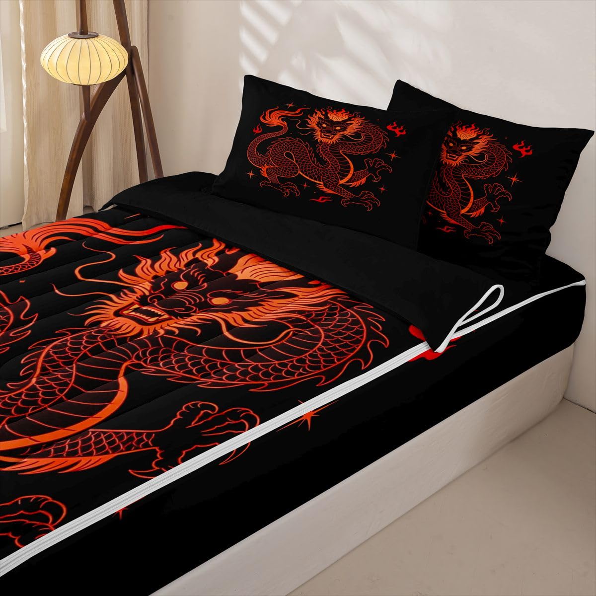 Erosebridal Japanese Style Dragon Kids Full Zipper Bedding Set Red Black Comforter Set with Fitted Sheet for Boys Girls Teen Exotic Animal 3 Pcs Bed in a Bag Set Vintage Wildlife Zip Up Bedding Sets