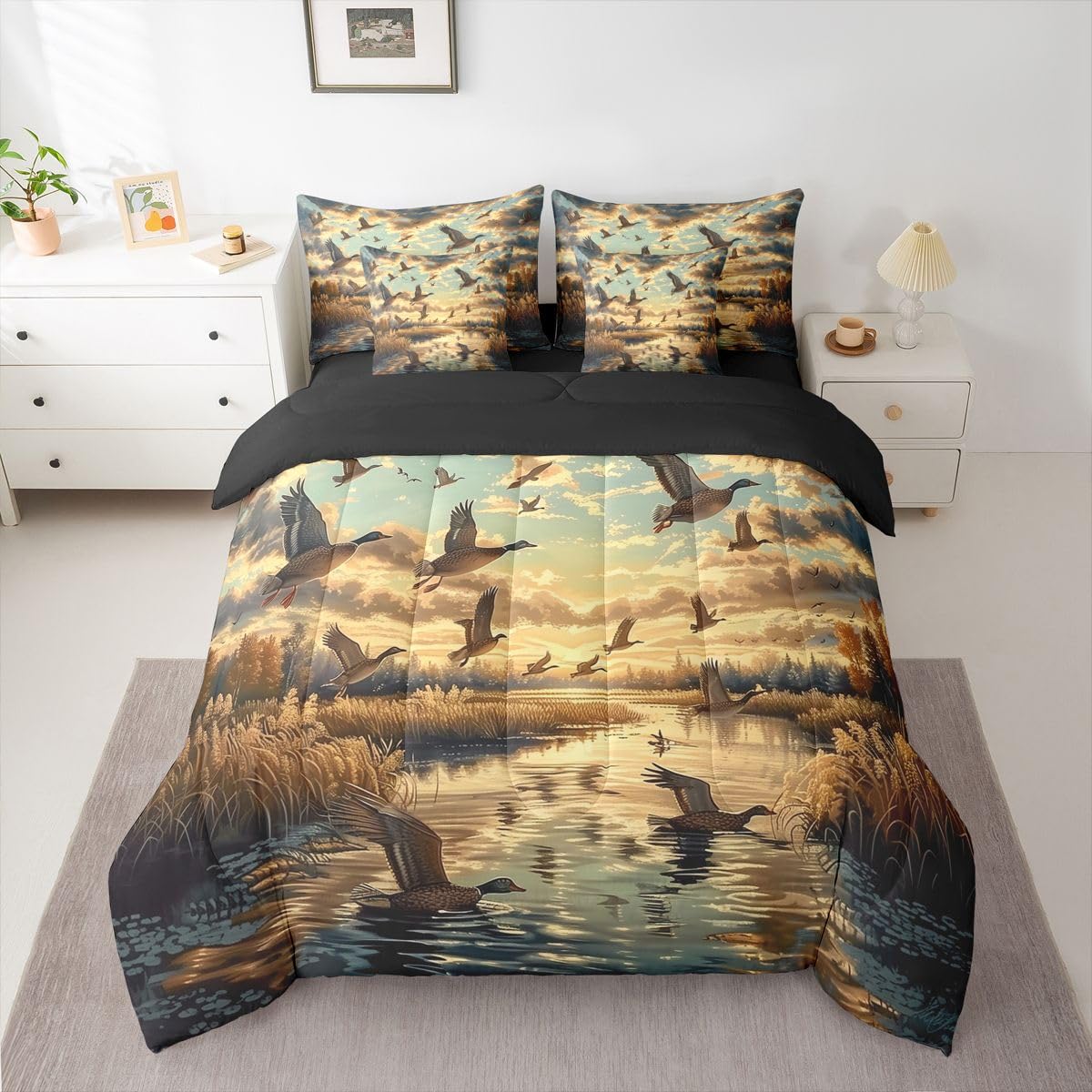 Erosebridal Reed Marshes 7 Piece Bedding Set Queen Mallards Comforter Set with Sheets Wild Ducks Clouds Wild Animal Theme Bed in a Bag Sunset Trees Hunting Waves for Teens Men Women