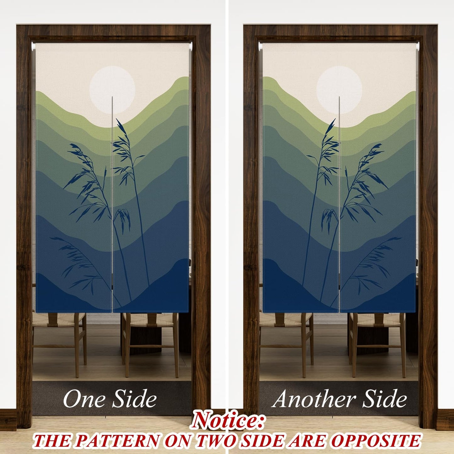 Leowefowa Japanese Double Sided Doorway Curtain Noren Green Mountain Sun Door Hanging Chinese Style Ink Painting Tapestry Window Treatment Bedroom Partition Kithchen Bathroom Door Decor33.5"x 70.9"