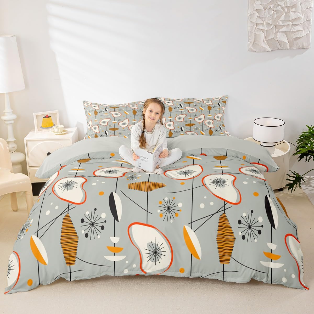 Erosebridal Grey Old Fashion Comforter Cover Abstract Atomic Bed Set, Brown Red White Aestheitc Duvet Cover King Size Boho Mid Century Bedding Sets, Minimalism Lines Bedspread Cover 3 Pieces