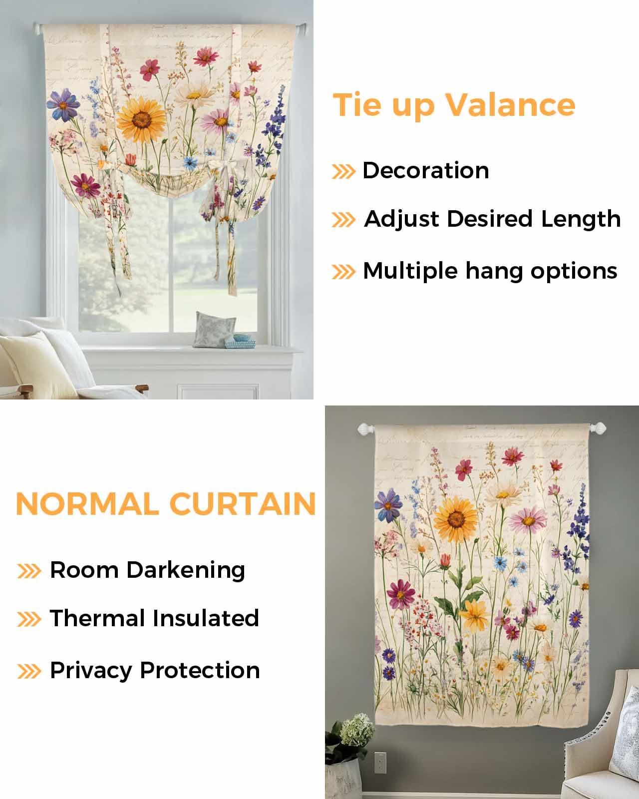 Botanical Floral Tie Up Curtains for Small Windows, Adjustable Rod Pocket Purple Pink Yellow Wildflowers Valance 45 Inch Short for Bathroom Kitchen, Retro Spring Balloon Roman Blind Shade, 34" x 45"