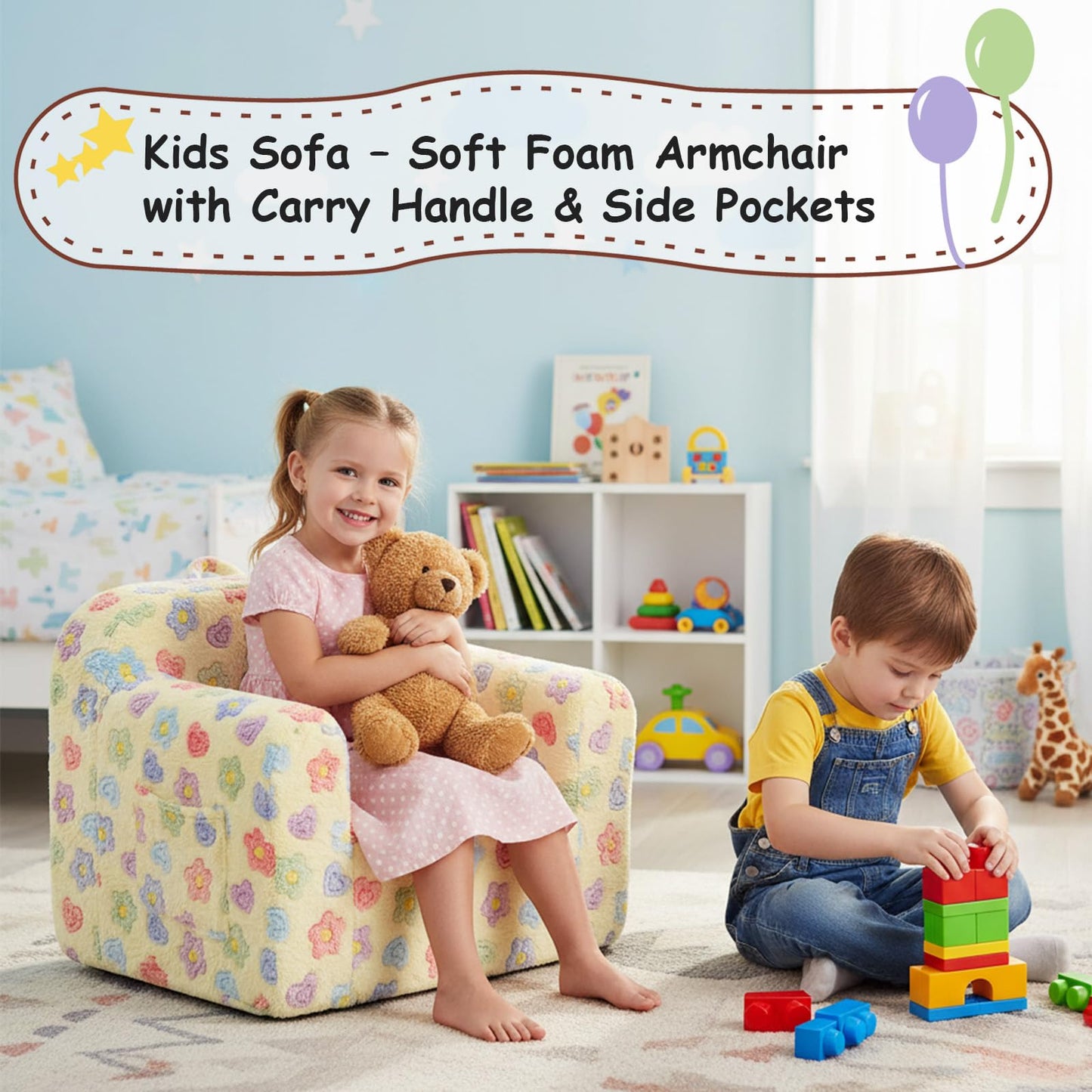 Tiita Kids Sofa, Childrens Couch with Carry Handle, Portable Toddler Foam Sofa Couch, Lightweight Kids Chair for Playroom, Dorm Room, Small Space, Flower