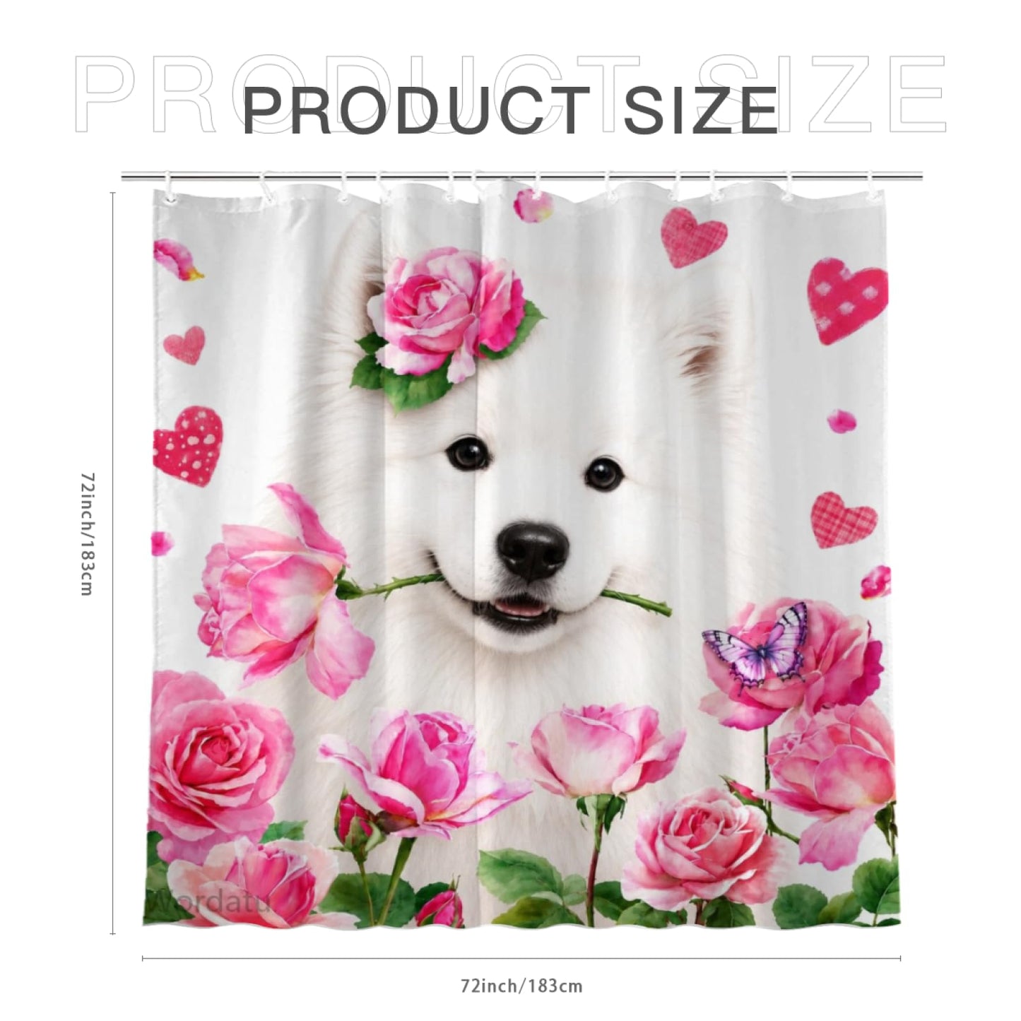 Wordatu Spring Summer Samoyed Rose Shower Curtain, Bathroom Decor Fabric Polyester Waterproof 12 Hooks 72Wx72H Inch for Bathtub and Bathroom