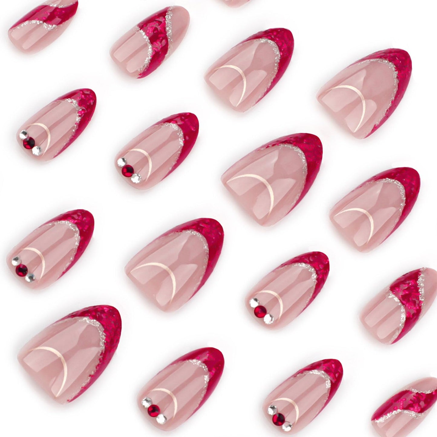French Tip Press on Nails Short Almond Fake Nails Red Gold Foil Stripes Rhinestone Glitter Stick on Nails Reusable Full Cover with Jelly Glue False Nail for Women 24Pcs