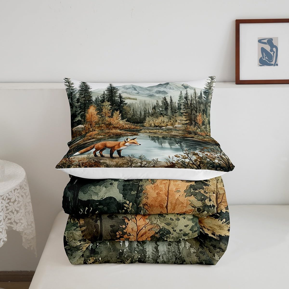 Fox Woodland Bedding Set Full Size,Woodland Pine Tree Comforter Set for Kids Girls Boys Adults Room Decor,Lake Mountain Wildlife Duvet Insert 3Pcs,Nature Botanical Soft Quilt Set,2 Pillowcases