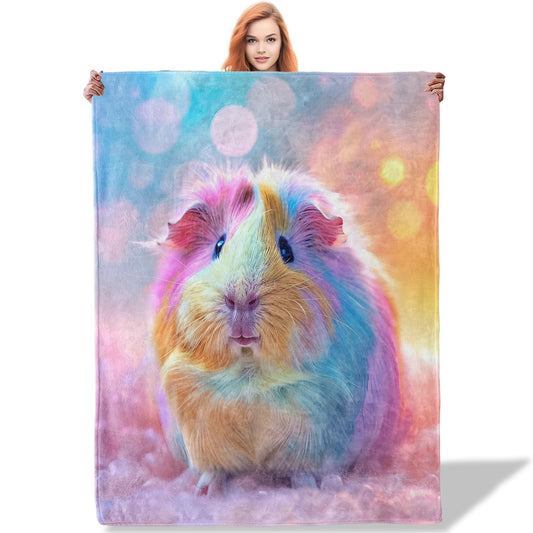 Plistiz Cute Rainbow Guinea Pig Flannel Throw Blanket for Kids and Pet Lovers, Lightweight Warm Soft Cozy Colorful Animal Print Blankets, Sofa Couch Bed Living Room Home Office Decor Gifts, 50"x60"