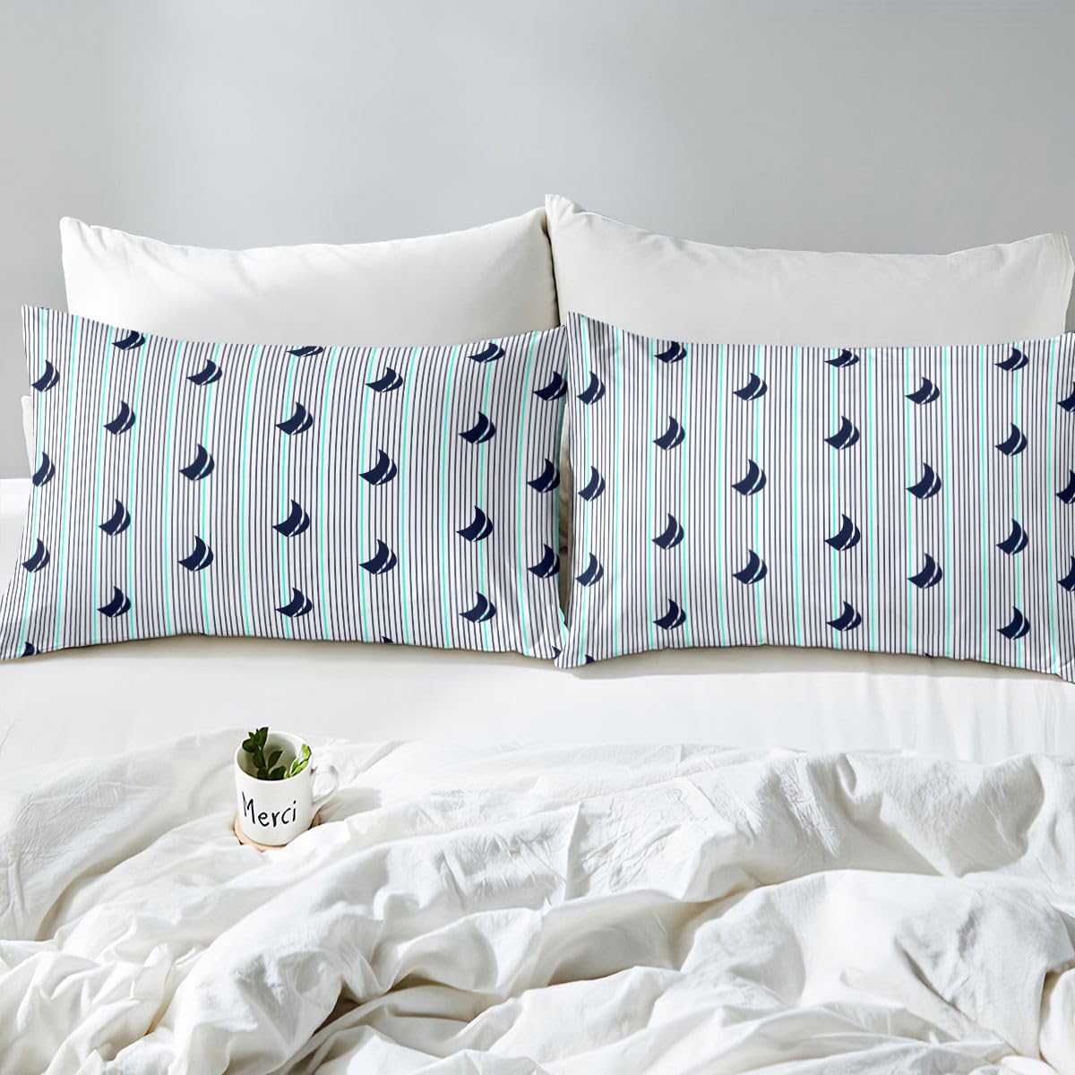Feelyou Natural Bed Sheets Set Full Size Southern Tide Sheet Set for Kids Boys Girls Decor Coastal Sheets with Deep Pocket Fitted Sheet Boat Strip Lines Grey Bedding Set Bedroom