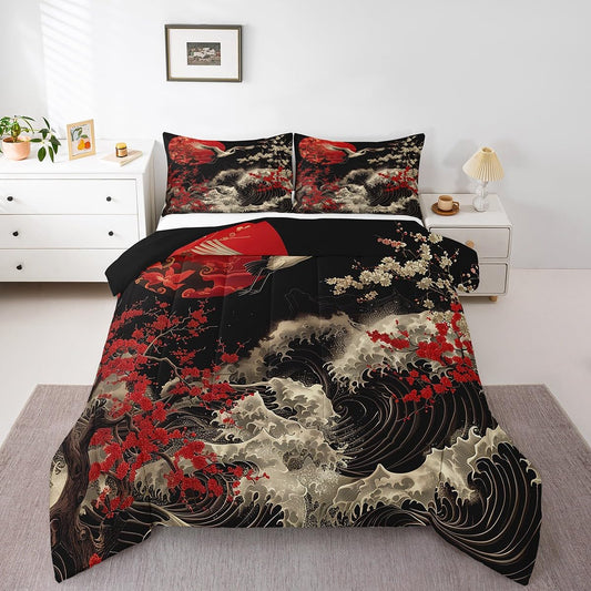 Erosebridal Oriental Cherry Blossoms Bedding Full Size Japanese Asian Print Comforter Set Full, Black and Red Duvet Insert Chic Crane Quilt Comforter, Ocean Waves Bedding Comforters & Sets