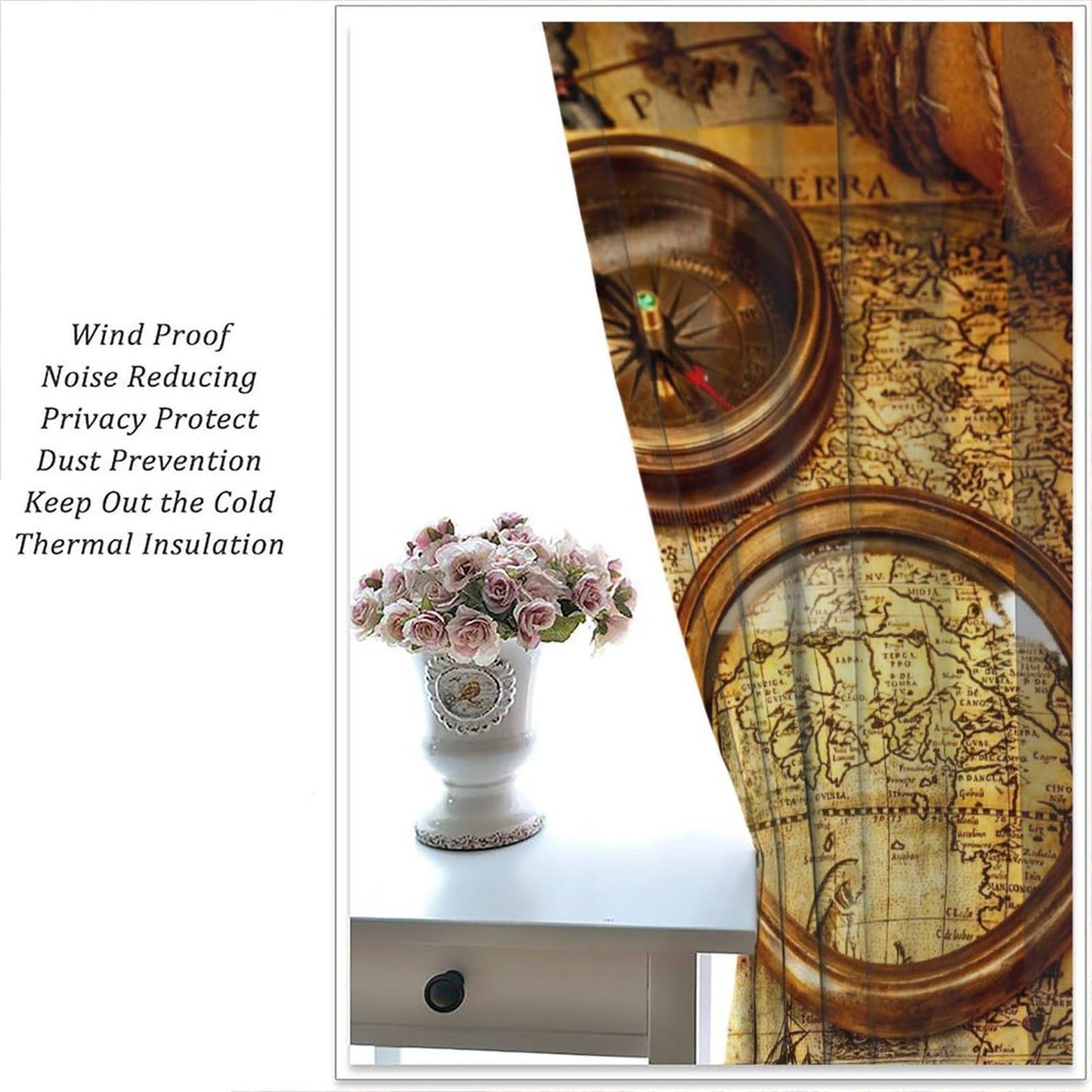 wlsgdsg Retro Map Curtains for Kids Retro Rural Medieval Old Nautical Treasure Map Compass Pattern Window Treatments for Boys Teen Bedroom Living Room 42x44.5In（No Blackout）