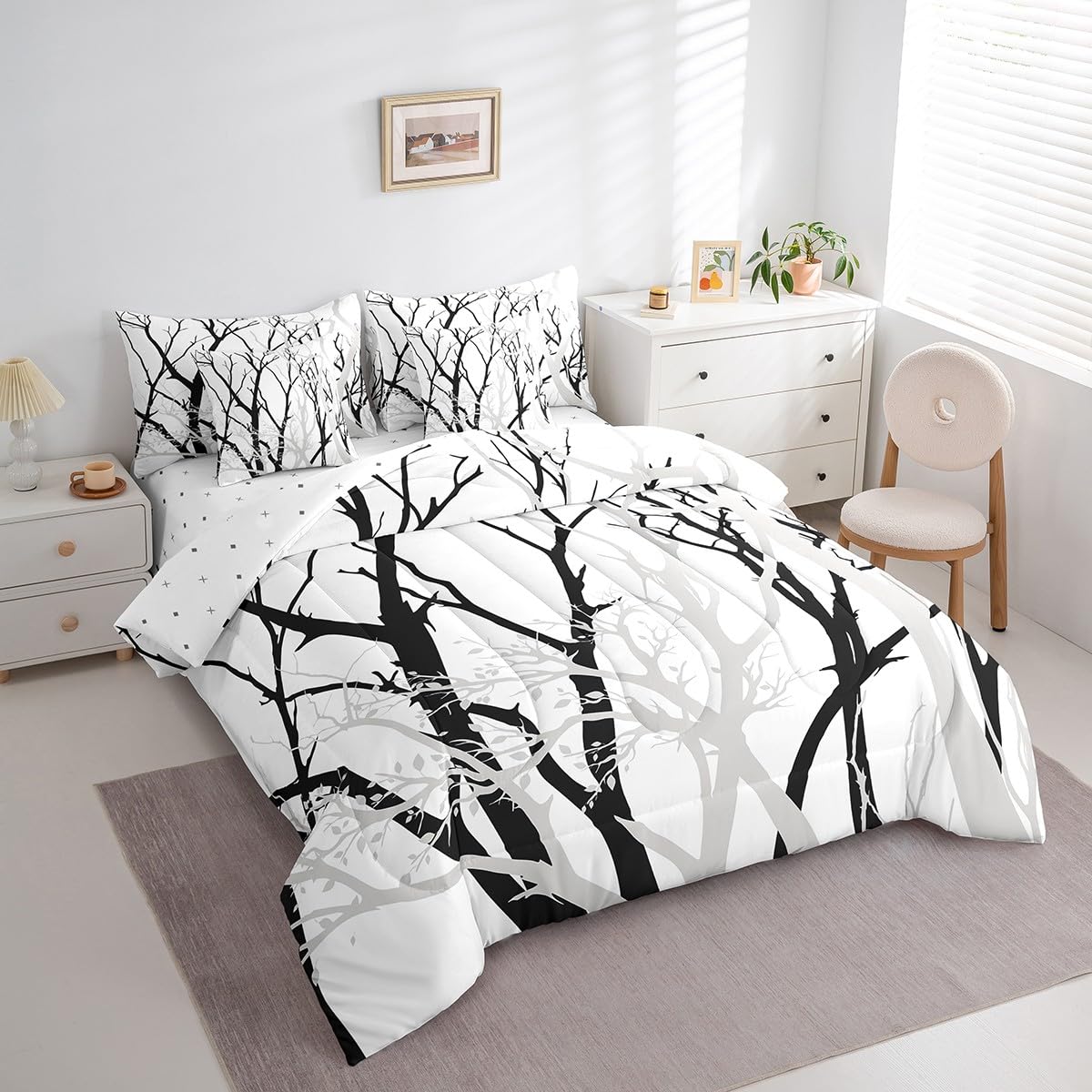 Erosebridal Tree Branch 7 Pcs Comforter Set Queen Size Abstract Ink Bedding Abstract Plant Art Work Botanical Bed in A Bag for Kids Boys Girls Modern Geometric Simple Black Grey Bed Set