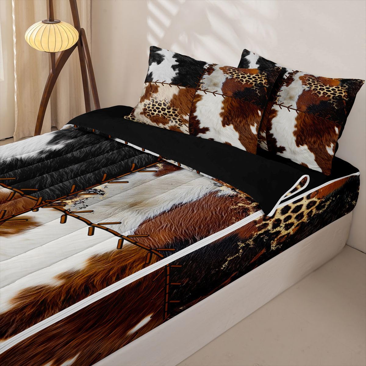 Feelyou Cow Fur Zipper Bedding Sets Kids Cowhide Print Queen Comforter Set with Fitted Sheet Boys Girls Decor Western Farm Animal Skin Comforter Plaid Grid Black Yellow Bed in A Bag