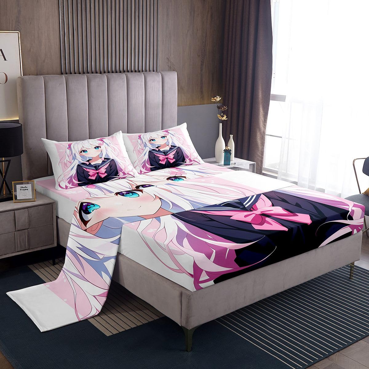 Erosebridal Kawaii Japanese Girl Sheets Cartoon Anime Bedding Set Twin for Kids Boys Girls 3D Japanese Style Bed Sheets Set Sailor Suit Uniform Girl Design Fitted Sheet + Top Sheet + 1 Pillowcase