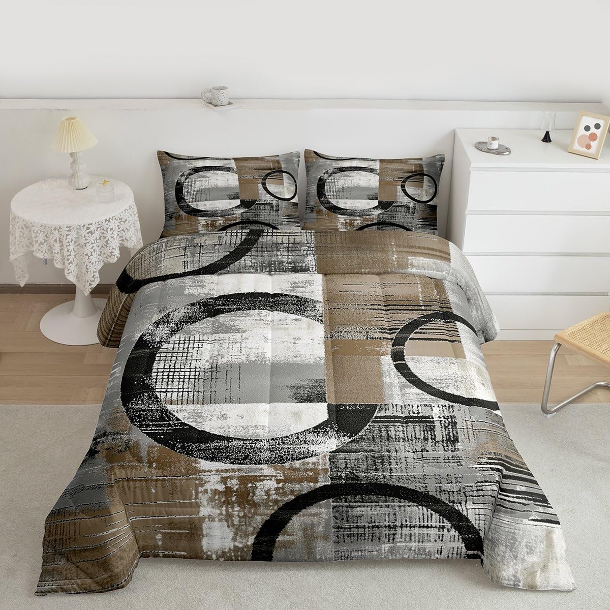 Feelyou Abstract Kids Comforter Set Full Size Modern Abstract Art Bedding Set Geometric Duvet Quilt for Kids Boys Girls Bedroom Luxury Decor Umber Ultra Soft