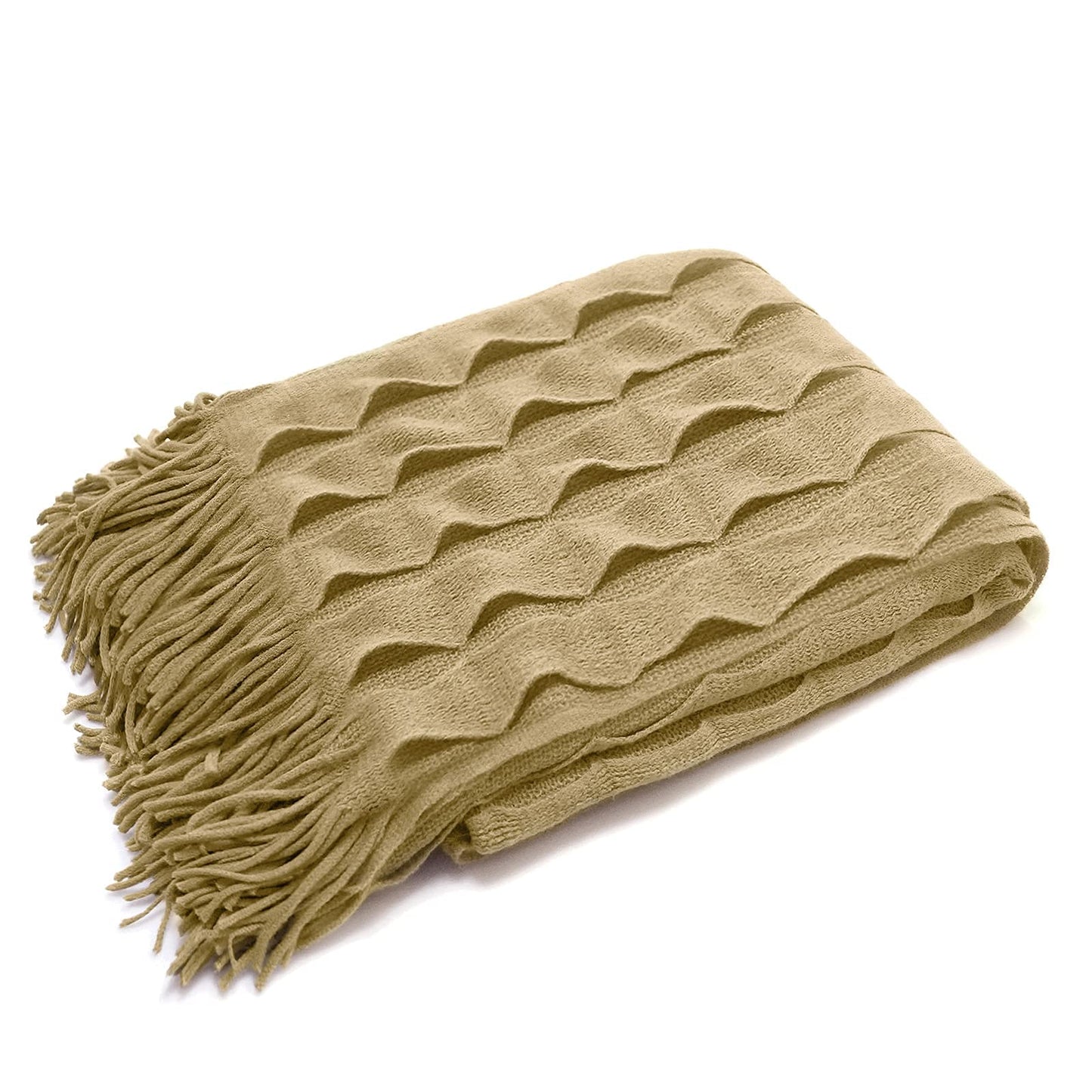 DISSA Knit Blanket Woven Blanket Throws for Sofa Throws for Couch Blanket Cover Boho Throw Blanket for Bed Cozy Super Soft Solid Plush Decorative Throw Blanket with Tassels (Khaki, 50"x60")