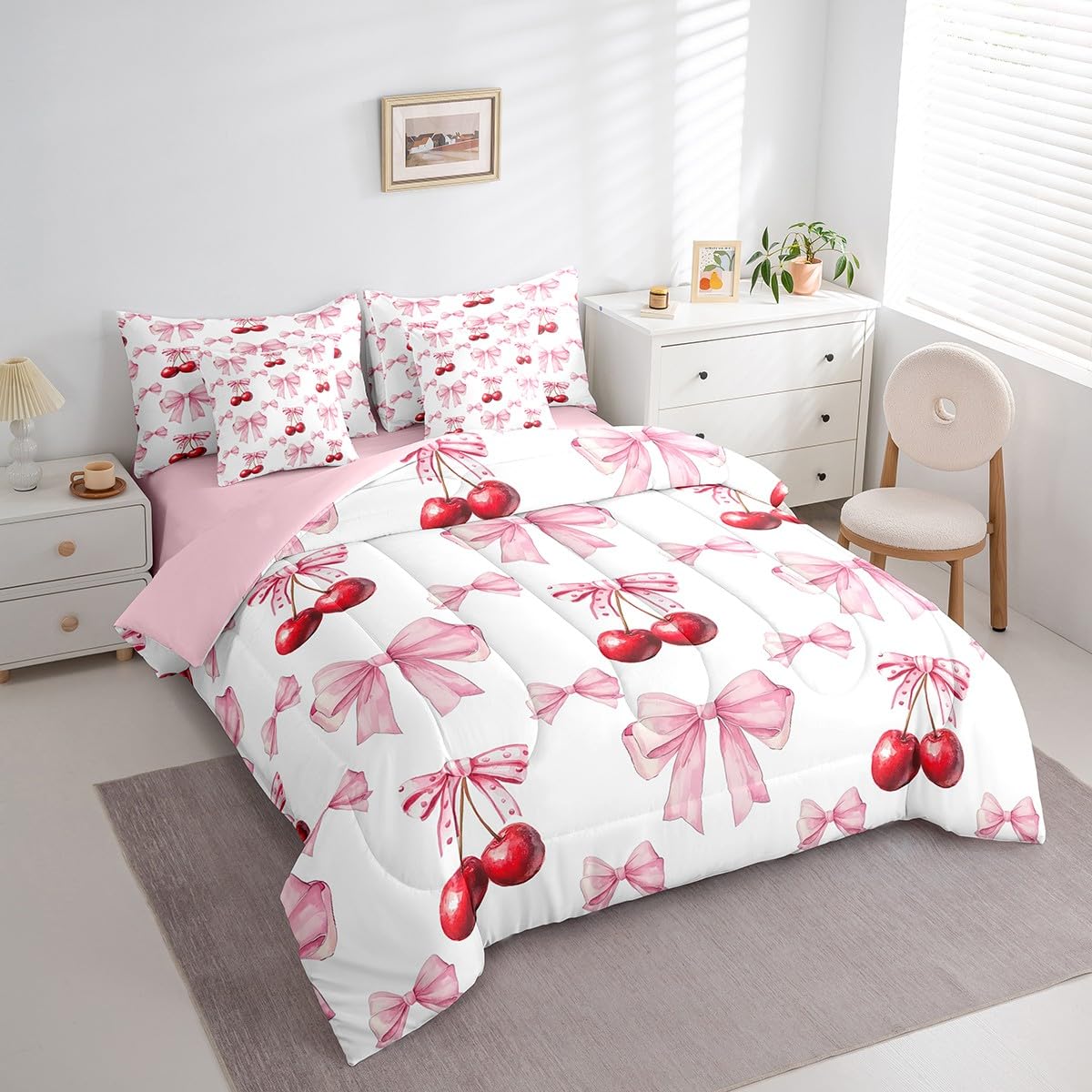Erosebridal 7 Pcs Cherry Bowknot Kids Comforter Set King Bed in a Bag,Princess Bow Bedding Set for Girls Girlfriend,Girly Red Cherries Duvet Set,Romantic Valentine Bow Tie Geometric Sheet Set