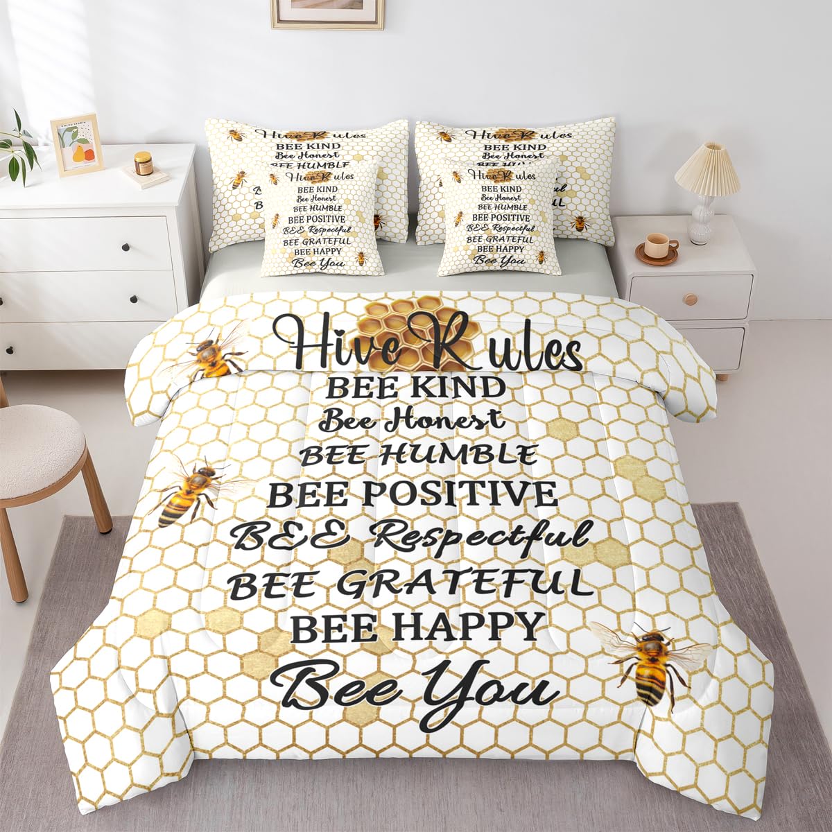 Honeycomb Bed in a Bag Queen Comforter Set 7-Piece | Bee Kind Bee Honest Beehive Bedding Sets Hexagon Geometric Comforter and Sheet Set, Honeybee Bees Funny Hive Rules Room DecorBee Themed Gifts