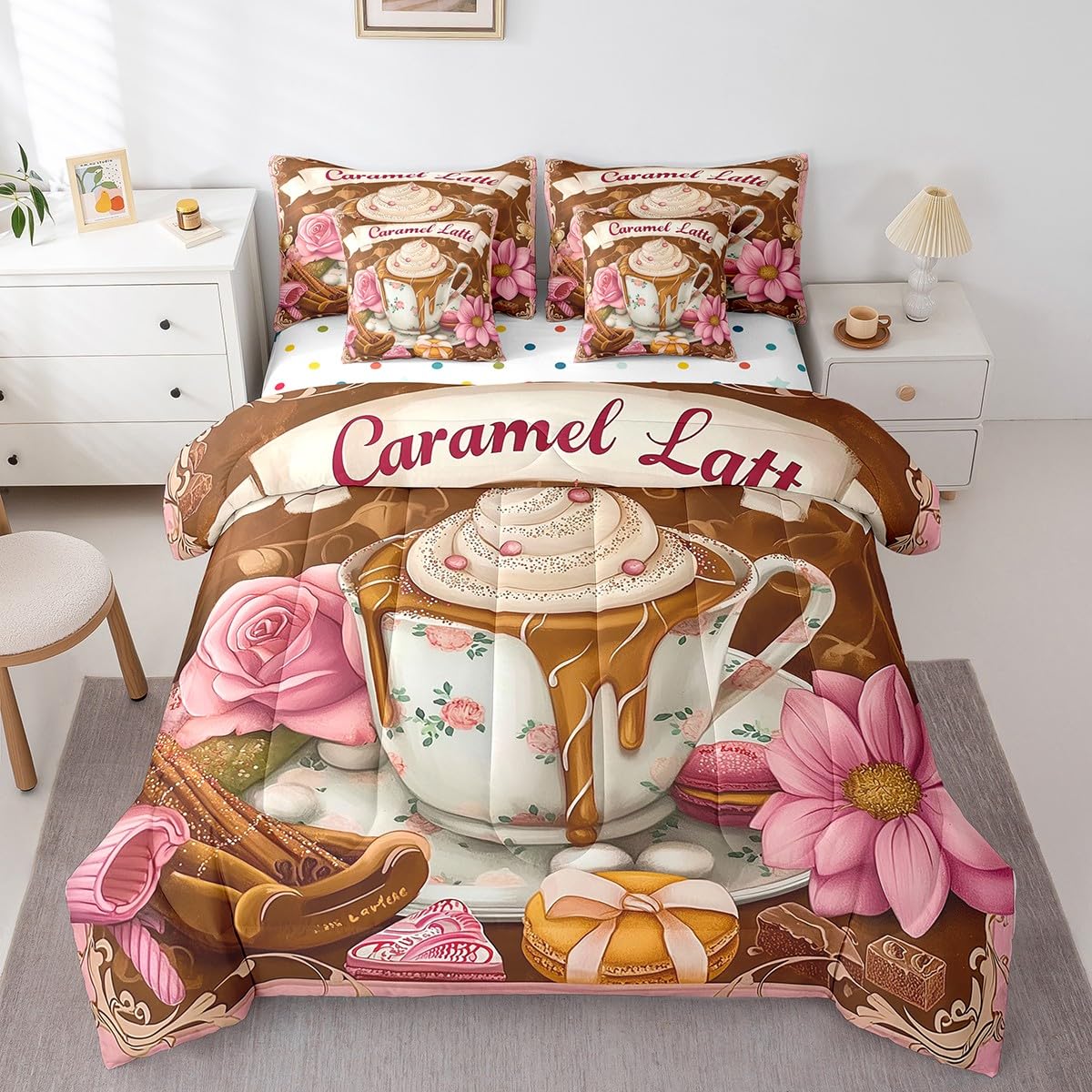 Erosebridal Caramel Lattle Bedding Set for Kids Teens,Afternoon Tea Comforter Set Full Size,Oil Painting Rose Daisy (Comforter+Fitted+Flat Sheet+2 Pillowcases+2 Throw Pillow Covers) 7 Pieces Bed Set