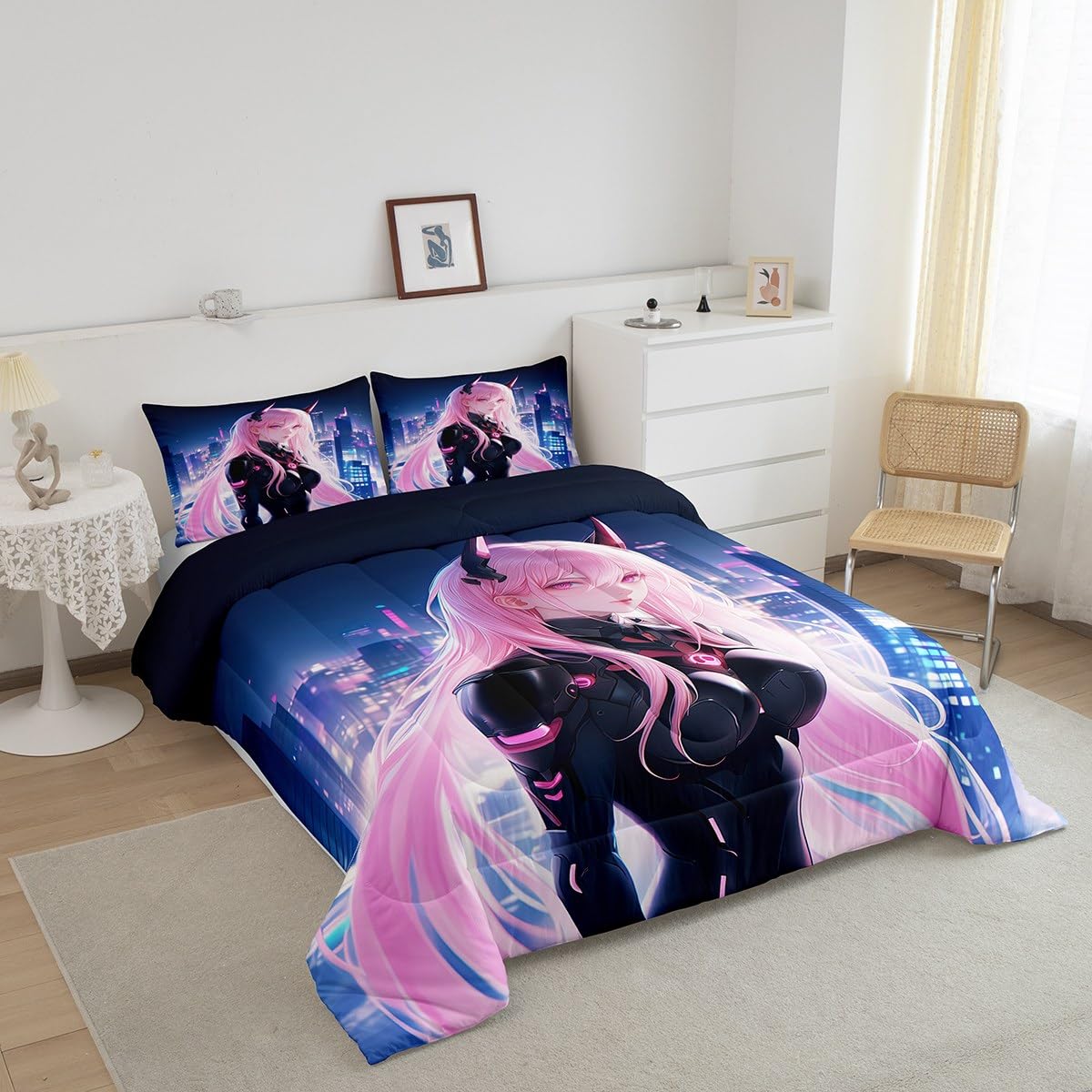 Erosebridal Japanese Anime Comforter Set Full Size, Anime Girl Bedding Set Kawaii Japanese Style Quilt Cartoon Japan Animation Duvet Insert for Boys Teens Adult Women Bedroom Decor