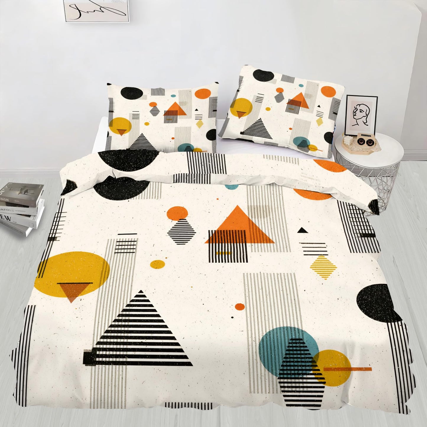 QINYUN Middle Ages Abstract Duvet Cover California King, Retro Beige Bedding Set 3 Piece Bedroom Decor Modern Minimalism Patterned Comforter Cover with Zipper Ties & 2 Pillowcases