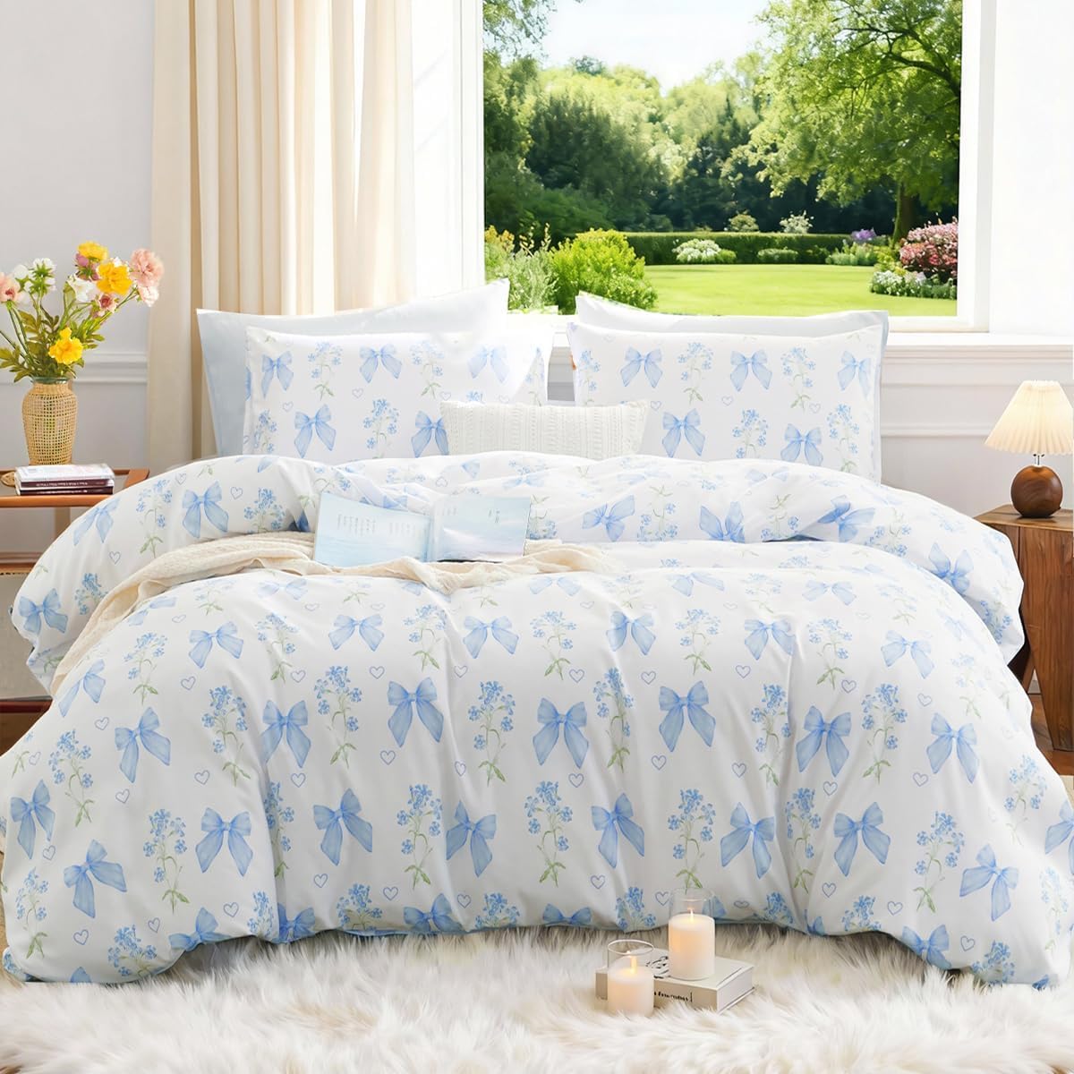 Sedefen Floral Duvet Cover Set Queen Size, 3 Pieces Blue Bow Bedding Set with Cute Heart Pattern, Romantic Spring Botanical Flower Soft Microfiber Duvet Cover for Kids Girls Bedroom & Princess Decor