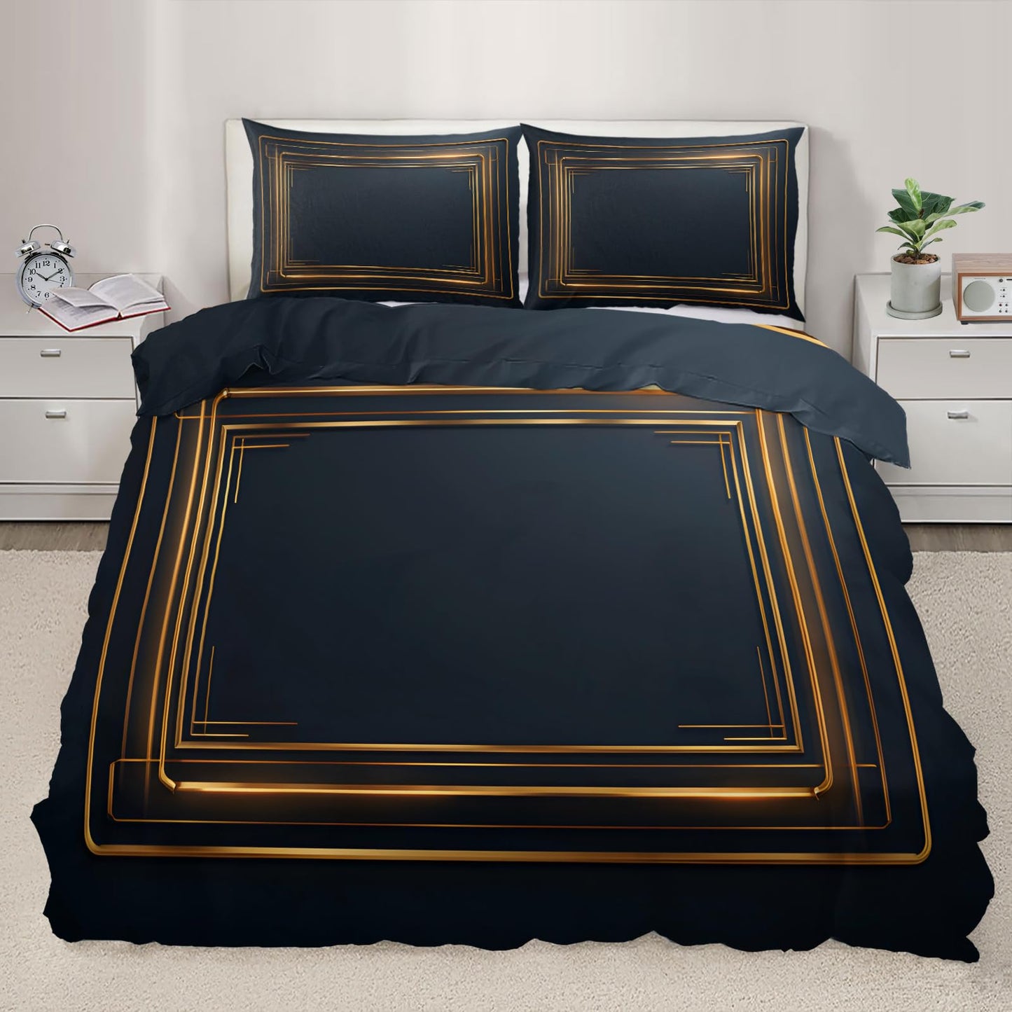 ZAOMIR Gold Geometric Duvet Cover Twin Size, Stripes Bedding Set 3 Piece, Minimalist Dark Blue Patterned Comforter Cover with Zipper Soft Microfiber, 2 Pillowcases