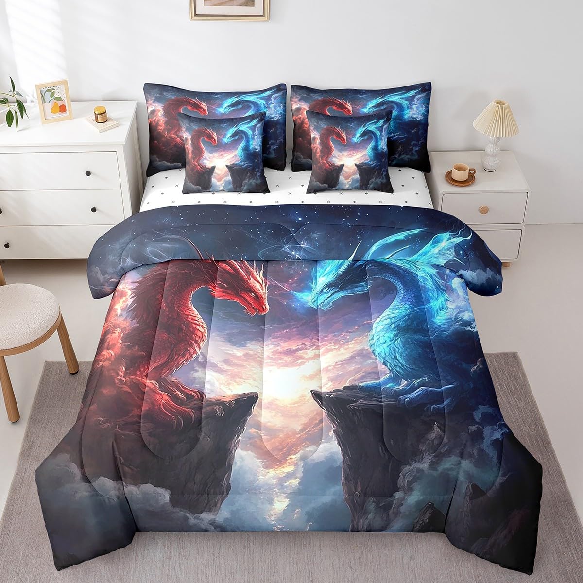 7 Pieces Blue Red Dragon Comforter Set Queen,Western Magical Animal Bed Set for Kids Boys Girls,Fire and Ice Bedding(1 Comforter,1 Fitted Sheet,1 Flat Sheet,2 Pillowcases,2 Throw Pillow Cover)