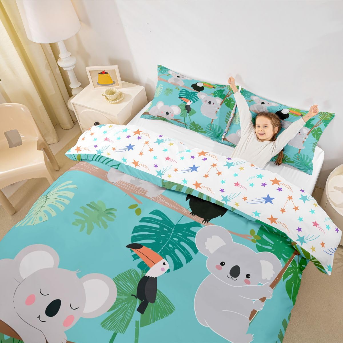 Kids Koala Duvet Cover Cute Animal Pattern Bedding Set Palm Leaf Comforter Cover for Boys Girls Children Room Decor Lightweight Cartoon Koala Printed Bedspread Cover Queen Size With 2 Pillow Case