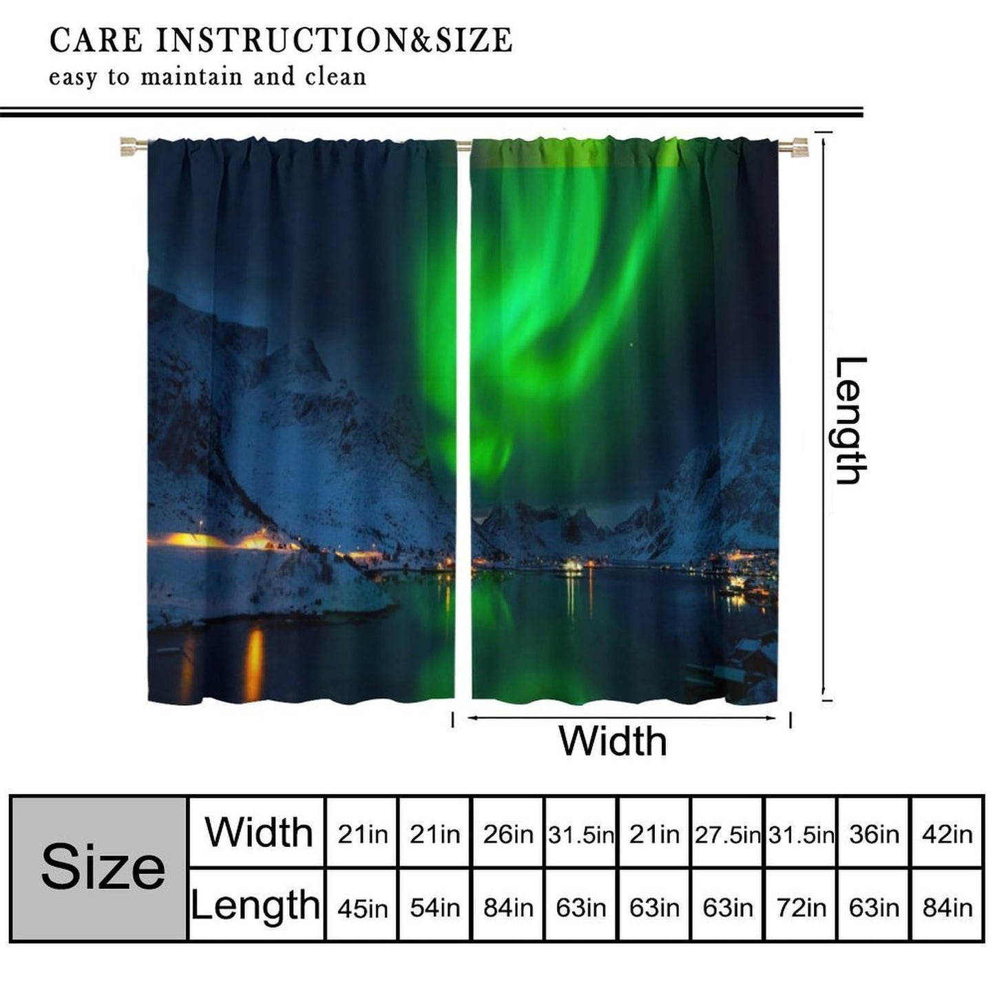 GoDazzling Night Aurora Nature Landscape Curtains, Green Northern Snow Mountain Lake Rustic Town Rod Pocket Window Drapes, for Bedroom Living Room 41" W X 45" L (No Blackout)