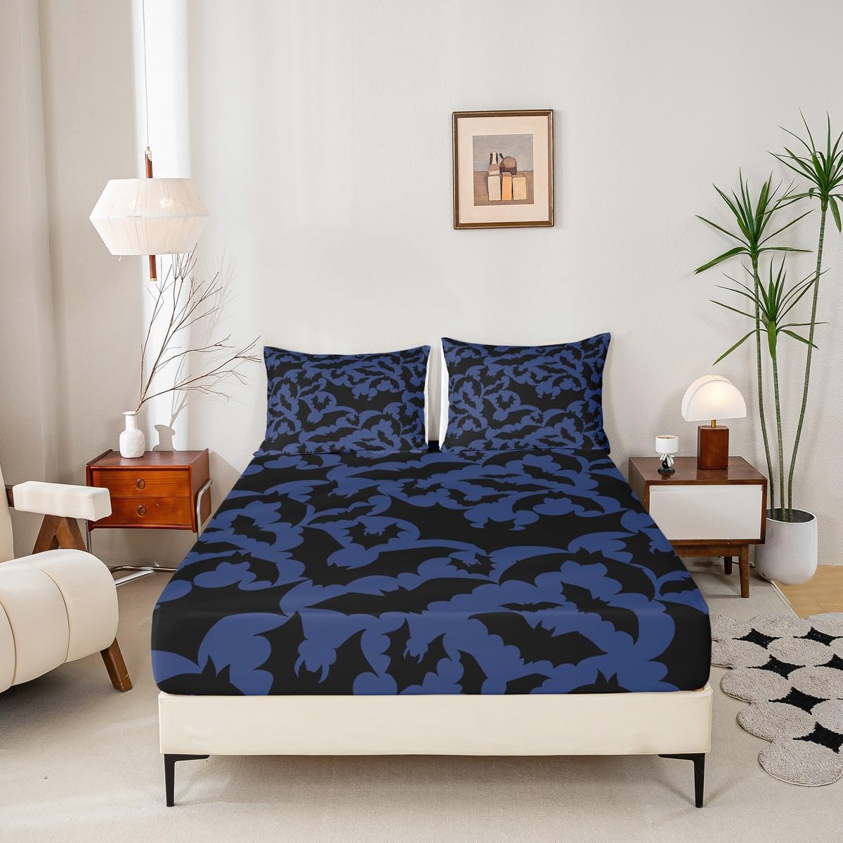 Castle Fairy Halloween Themed Bed Sheet Set for Boys Girls,Black Bats Animal Print Bed Sheet Set Full Size Bedding Set,Dark Navy Blue Color Fitted Sheet and 1 Flat, 2 Pillow Sham