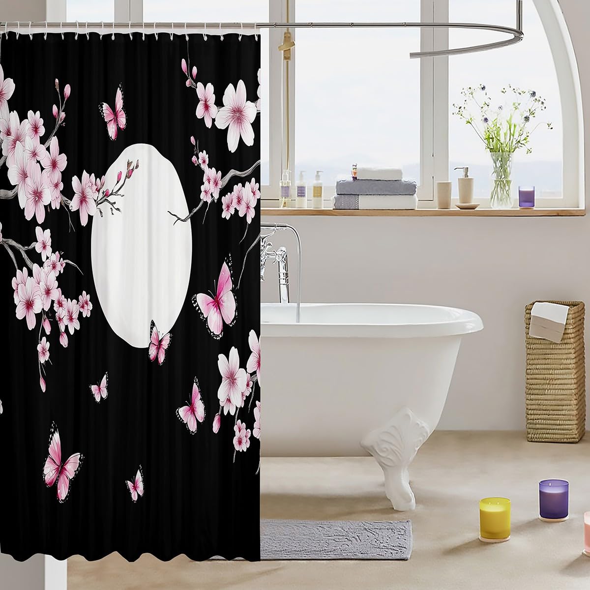 jejeloiu Pink Cherry Blossoms Shower Curtain 72"x72" Japanese Butterfly Bath Curtain Boys Girls Teens Sakura Flower Moon Bathroom Shower Curtain Set Floral Botanical Kids Bathroom Accessories Branches