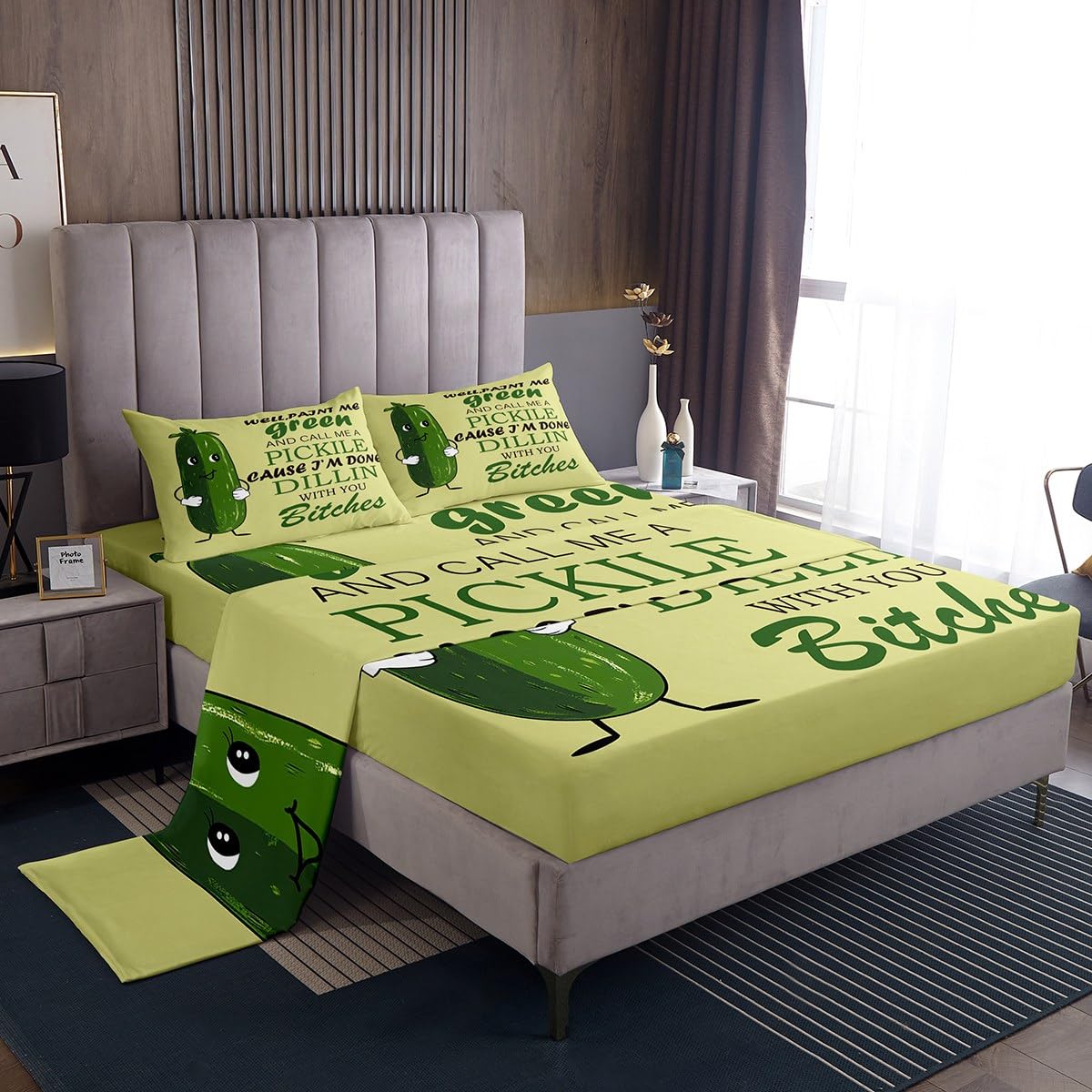 Feelyou Kids Pickles Sheet Set Twin Size Cute Pickles Bed Sheets Set for Boys Teens Decor Funny Cucumber Print Sheets with Deep Pocket Fitted Sheet Green Vegetable Bedroom 3Pcs