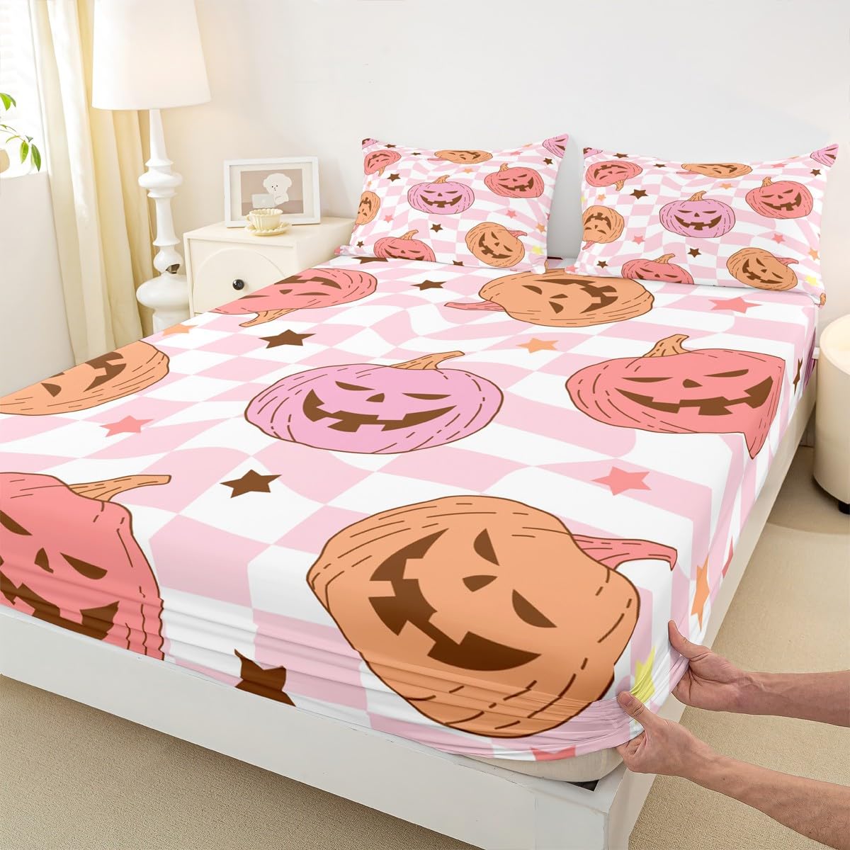 Feelyou Pink Halloween Fitted Sheet with 2 Pillowcases Full Size Halloween Decor Bed Sheets Set 16" Deep Pocket Boys Girls Pumpkin Bedding Trick or Treat Teens Bedroom Decor Breathable Microfiber