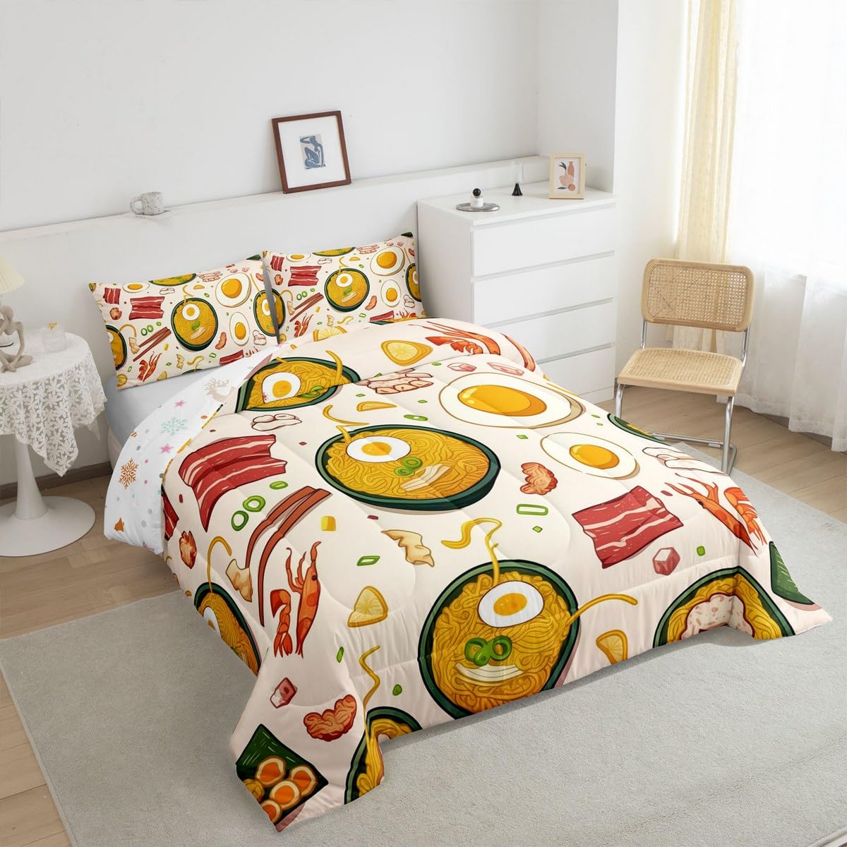 Erosebridal Ramen Noodle Queen Comforter Set,Japanese Food Bedding Set Ramen Gifts for Kids Boys Girls,Funny Food Quilt Bed Set Anime Style Bedding Comforter Sets with 2 Pillowcases Room Decor
