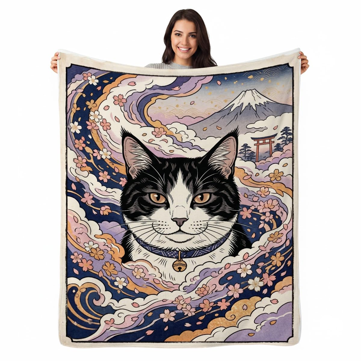 Yujiiso Japanese Ukiyo-E Tuxedo Cat Blanket Soft Throw Blanket 50" x 60"