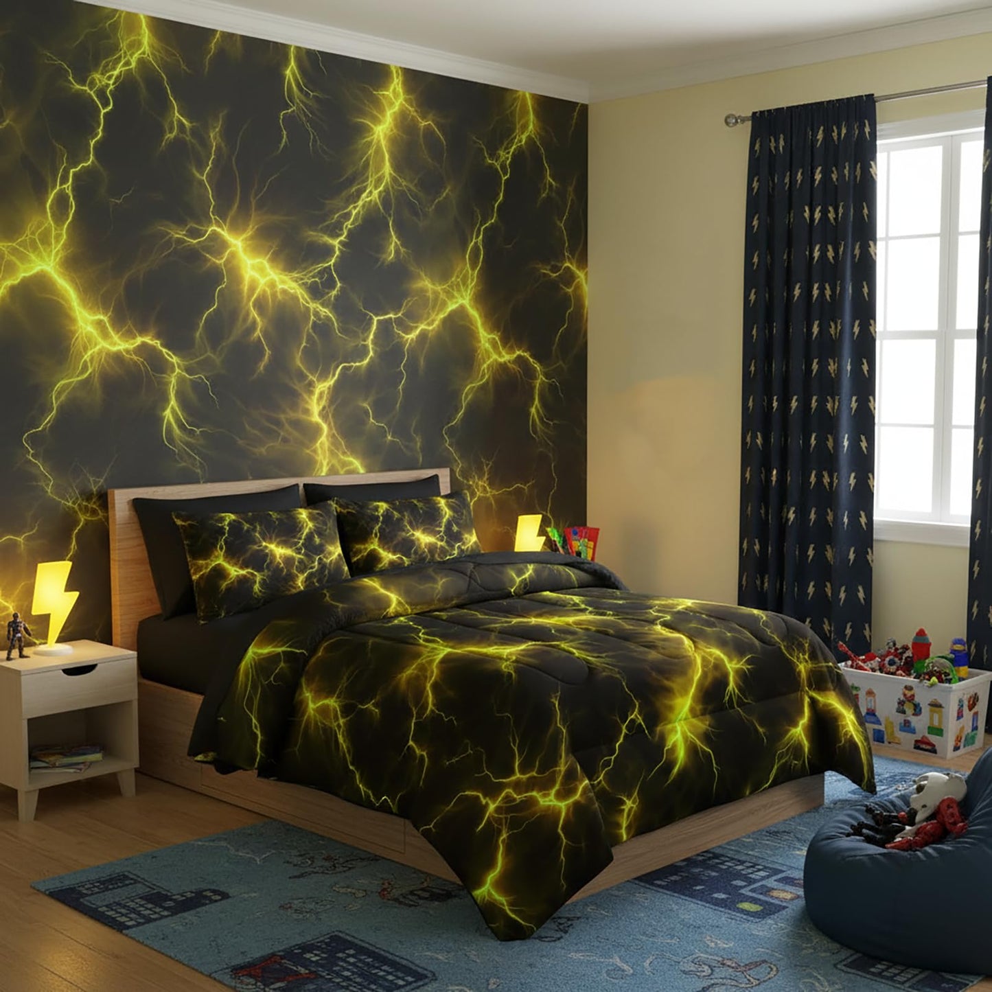 QOOMO Yellow Lightning 7 Pieces Comforter Set Queen Size,Lightning Bedding Set for Kids-Include 1 Comforter,1 Fitted Sheet,1 Flat Sheet,2 Printing Pillowcases and 2 Black Pillowcases