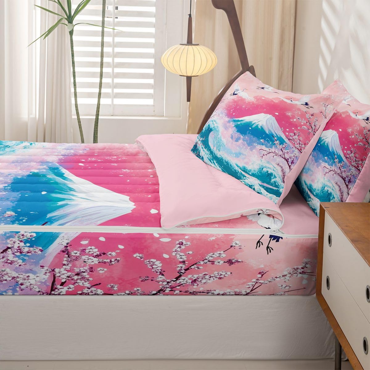 Erosebridal Pink Ocean Waves Zipper Bedding Twin Size, Japanese Style Kids Comforter Set - Japanese Cherry Blossom Fuji Mountain Zip Up Comforter Bed in A Bag