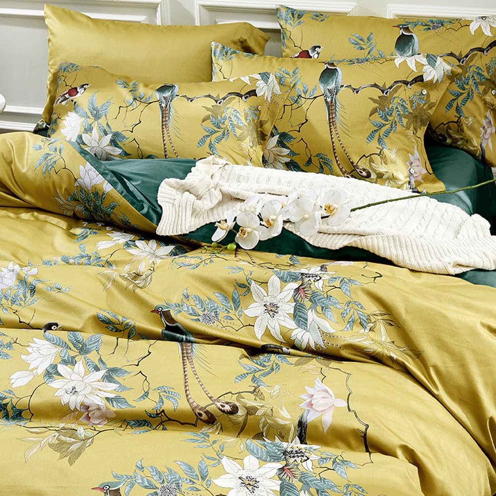 mixinni Duvet Cover Set King Size Bird Flower Pattern Soft Long Staple Cotton Floral Bedding Comforter Cover Set with Zipper Ties for Women and Men, Ultra Soft, Breathable, Easy Care-King Size