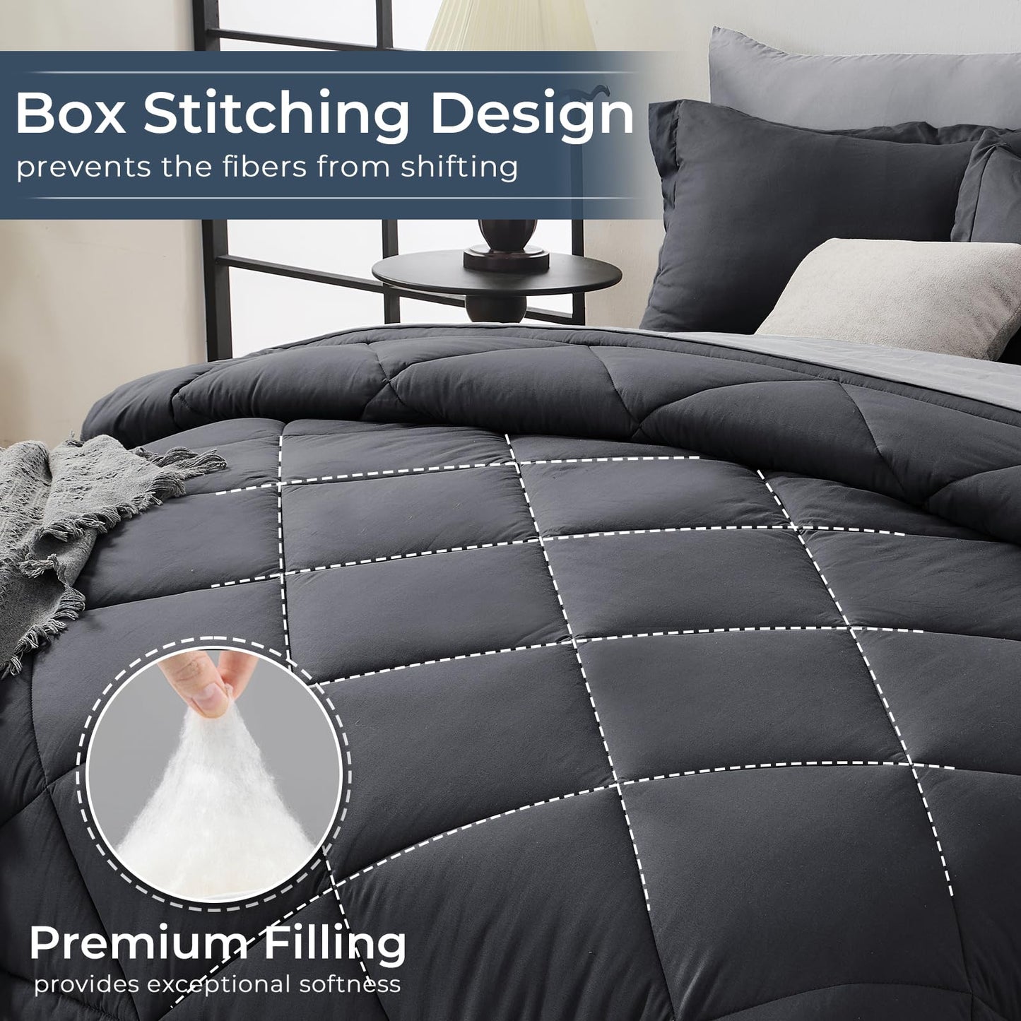 HEVUMYI Queen Comforter Set - 7-Piece All Season Bed in a Bag Queen, Ultra Soft Bedding Set with Comforter, Flat Sheet, Fitted Sheet, Pillowcases, Pillow Shams, Dark Grey & Light Grey