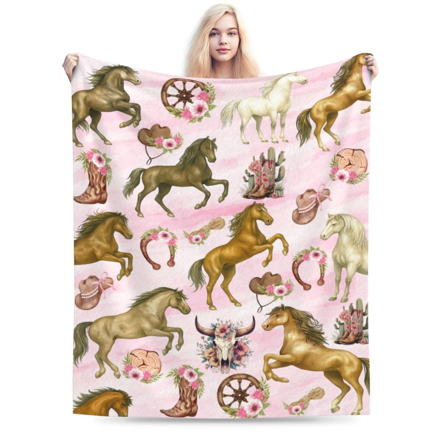 Western Cowgirl Throw Blanket Pink Cowgirl Horse Flannel Blankets Southwest Horses Plush Super Soft Cozy Warm Decor Gifts for Boys Girls Kids Adults Men Women 40" x 50"