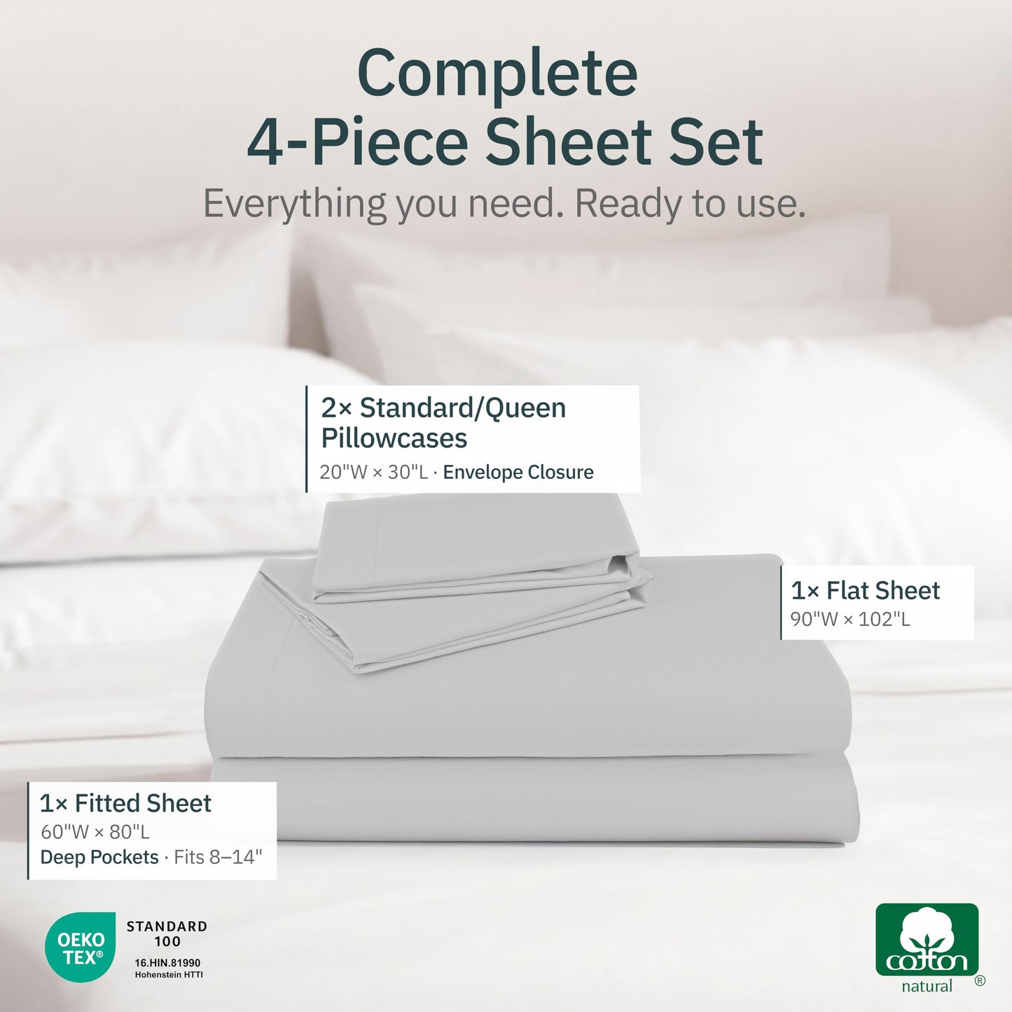 Super Soft 100% Cotton Sheets For Queen Size Bed Deep Pockets - 4 Pc Durable Sheets, Easy Fit, Lightweight & Breathable, Suitable For Hot Sleepers & All Seasons, Minimal Wrinkles - Light Grey