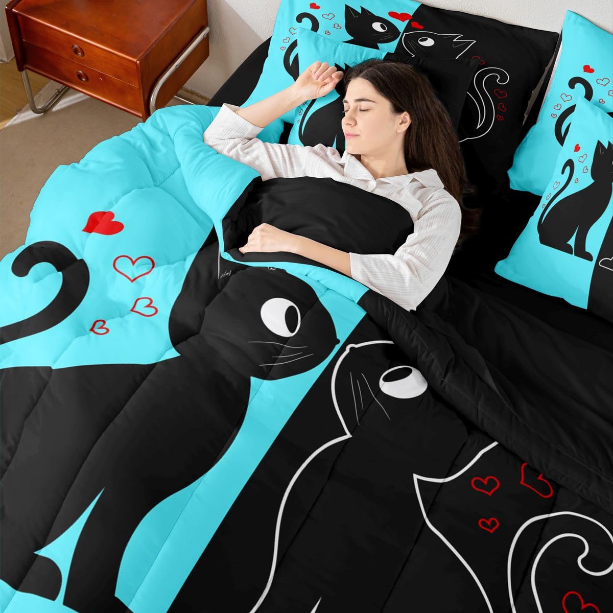 Erosebridal Cute Black Cat 7-Piece Bedding Set Full Size (Blue and Black) | Valentine's Day Cats Bed in a Bag for Couple Lovers Romantic Cats Comforter Set with Sheets Kawaii Pet Animal Duvet Insert