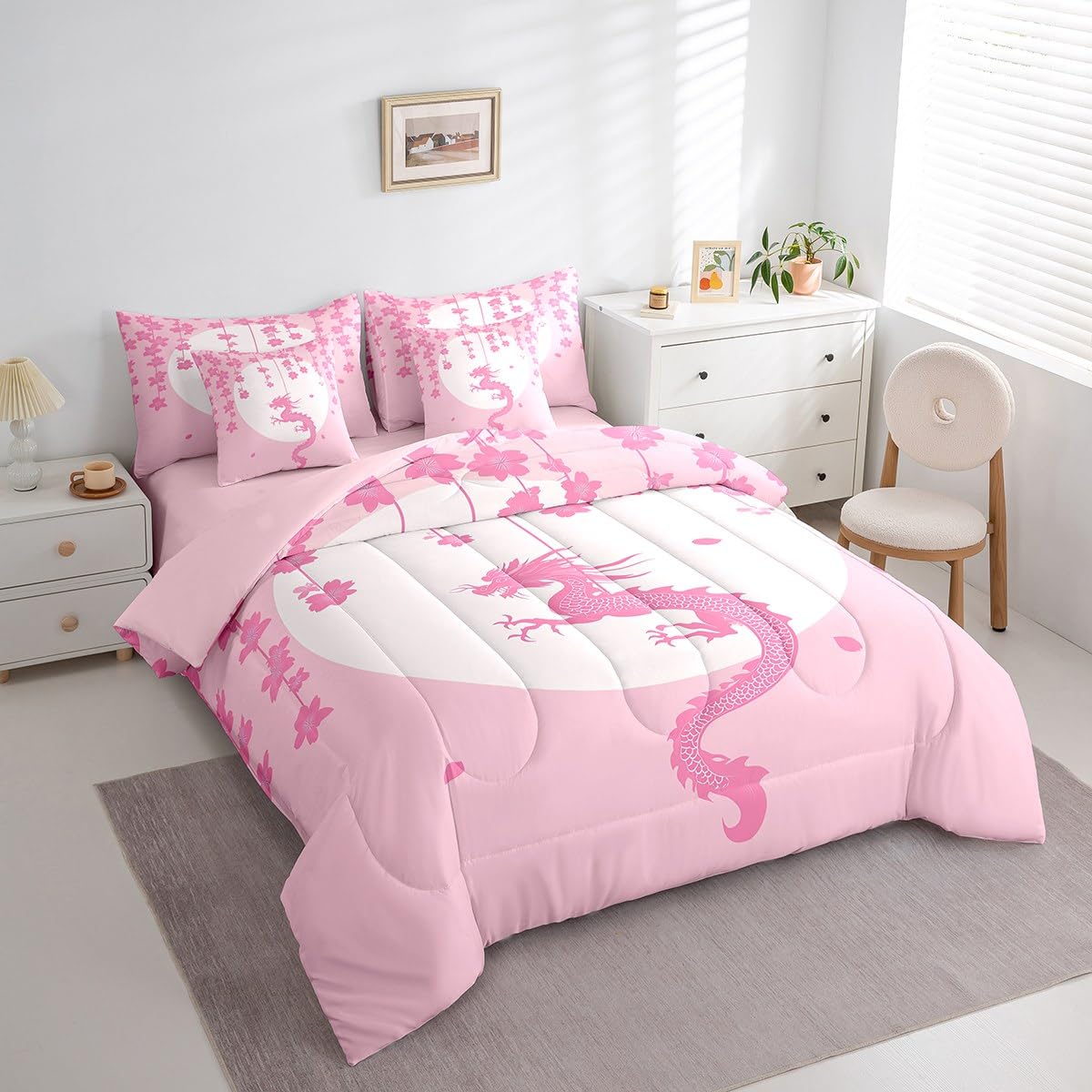 Erosebridal Pink White Kawaii Bedding Set for Kids Girls Teen Women,Fantasy Animal Dragon King Comforter Set 7 Piece Magical Wildlife Bed in A Bag Aesthetic Romantic Cherry Blossom Bed Set