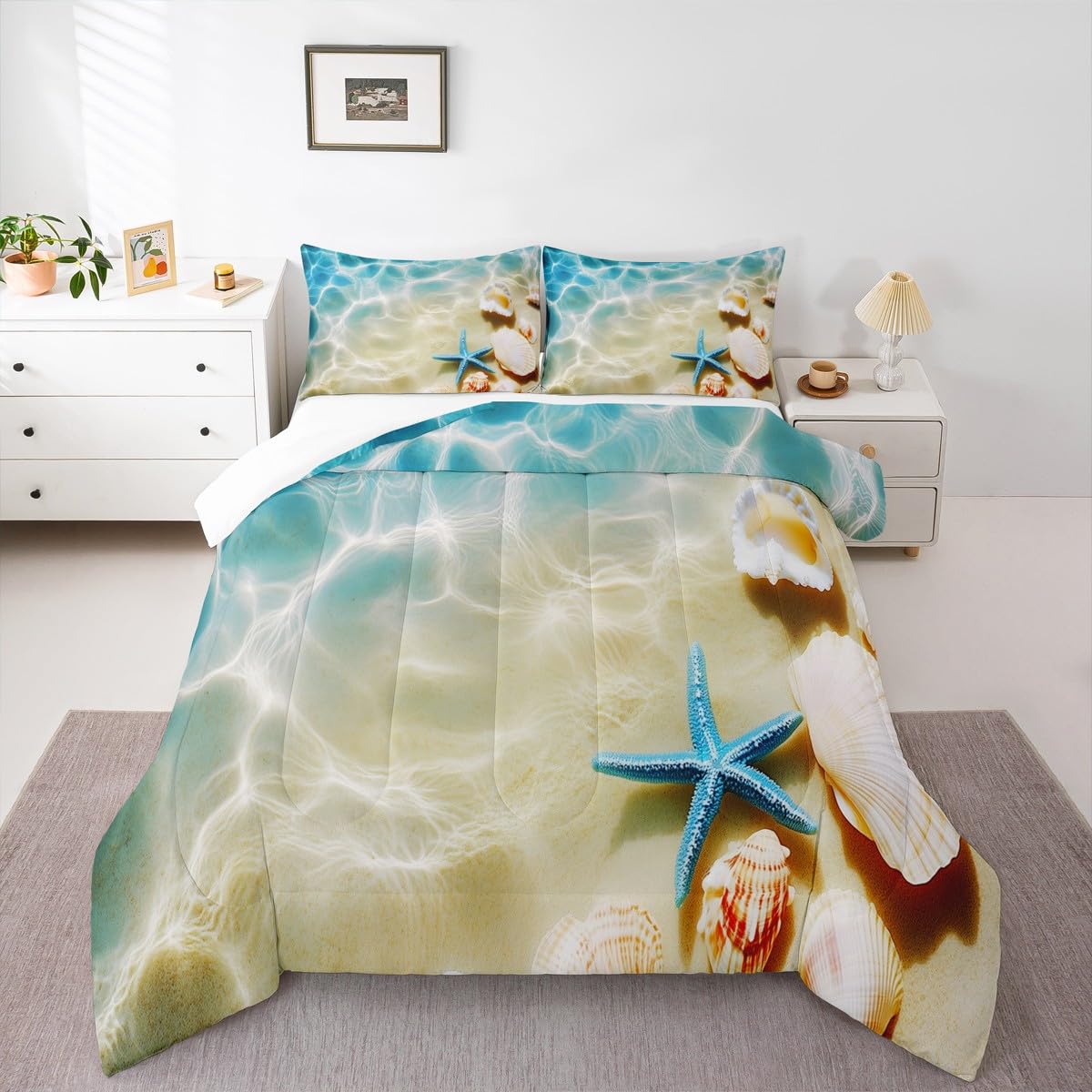 Ocean Comforter Set Queen Beach Bedding Coastal Nature Theme Pattern Teal Duvet Set Boys Girls Hawaiian Quilt Sets Sea Wave Animals Starfish Reversible Comforter Set 2 Pillowcases, Blue Room Decor