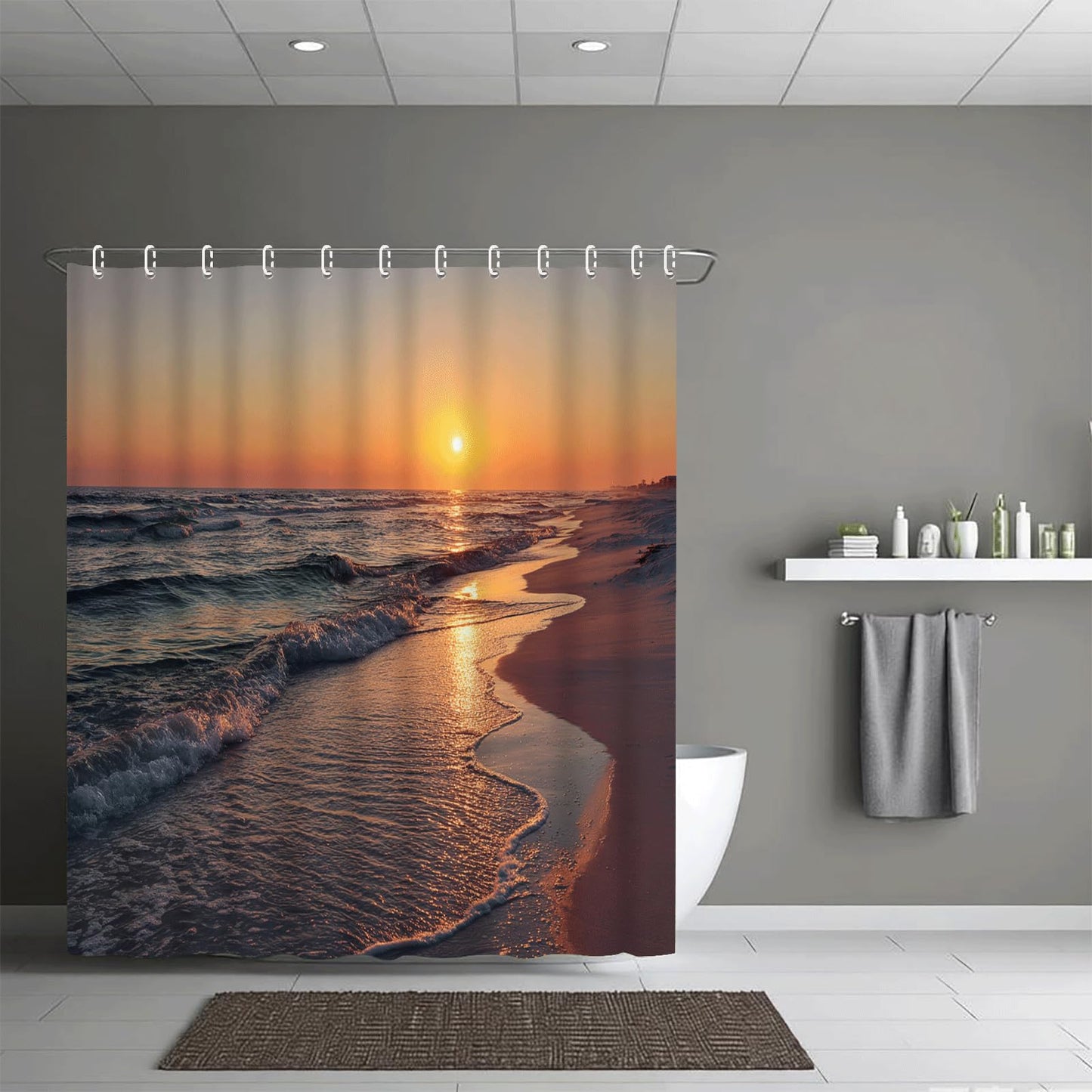 ZROLUW Ocean Beach Shower Curtain -72" W x 72" L Sunset Waves Nature Landscape Water Repellent Shower Curtain Set, Machine Washable, Modern Decorative Polyester Cloth Shower Curtains for Bathroom