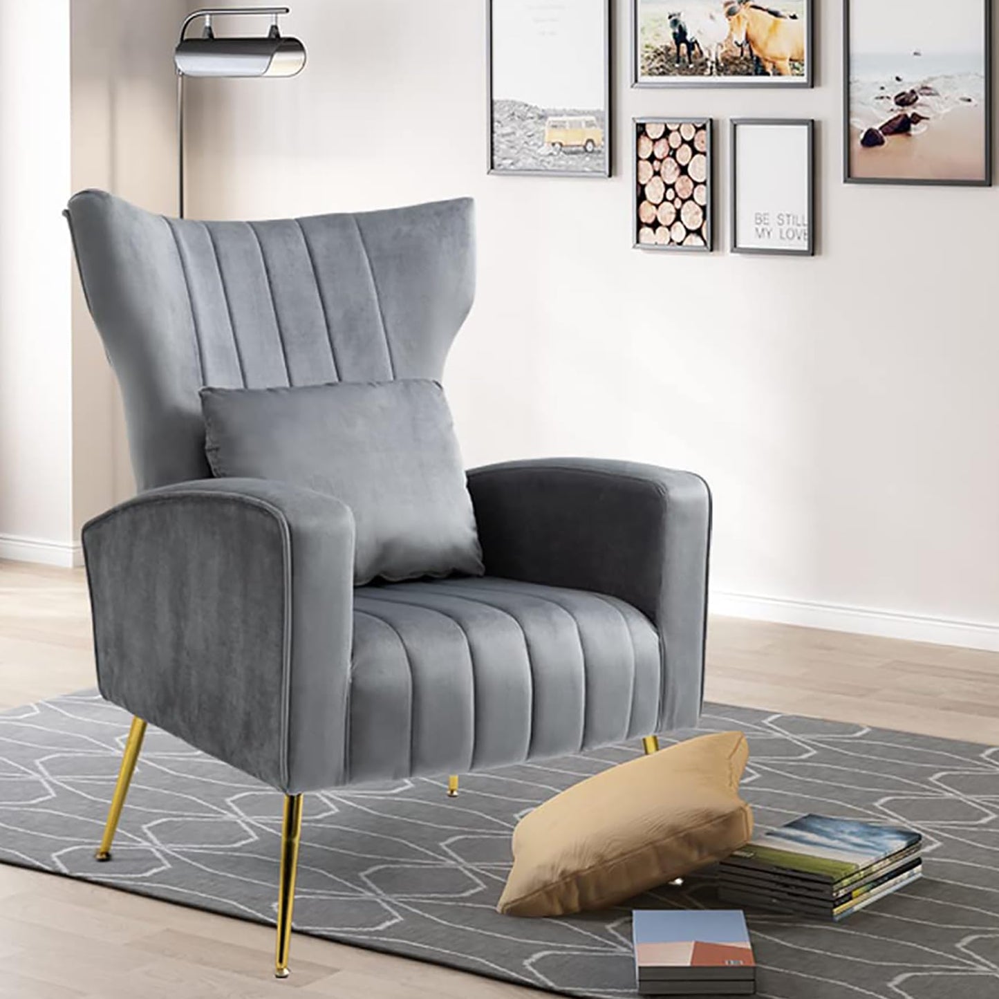 X-VOLSPORT Velvet Accent Chairs Set of 2, Mid Century Modern High Back Living Room Chair with Waist Pillow, Upholstered Arm Chair with Metal Gold Legs for Bedroom, Club, Grey